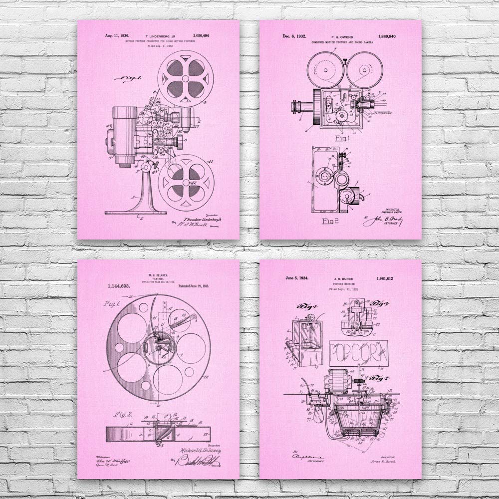 Vintage Movie Theater Patent Posters Set of 4 - 18x24 Inch Classic Cinema Wall Art for Film Lovers, Actors & Filmmakers | Hollywood Decor, Home Theater & Office Wall Decor (Pink Cloth)