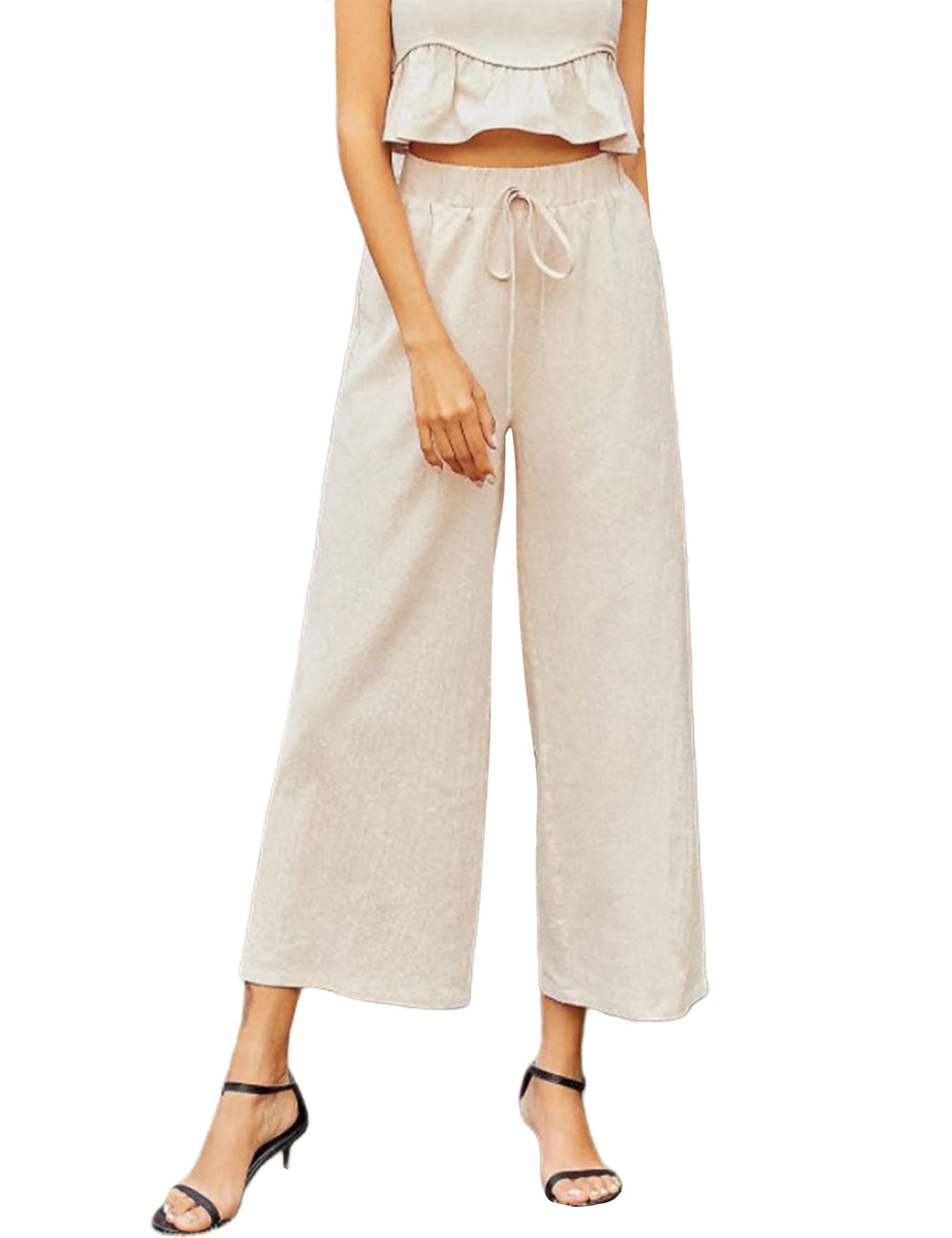 Fiona Jolin Women's Linen Wide Leg Pants with Drawstring Elastic Waist - Comfortable Palazzo Pants for Summer, Travel & Casual Wear