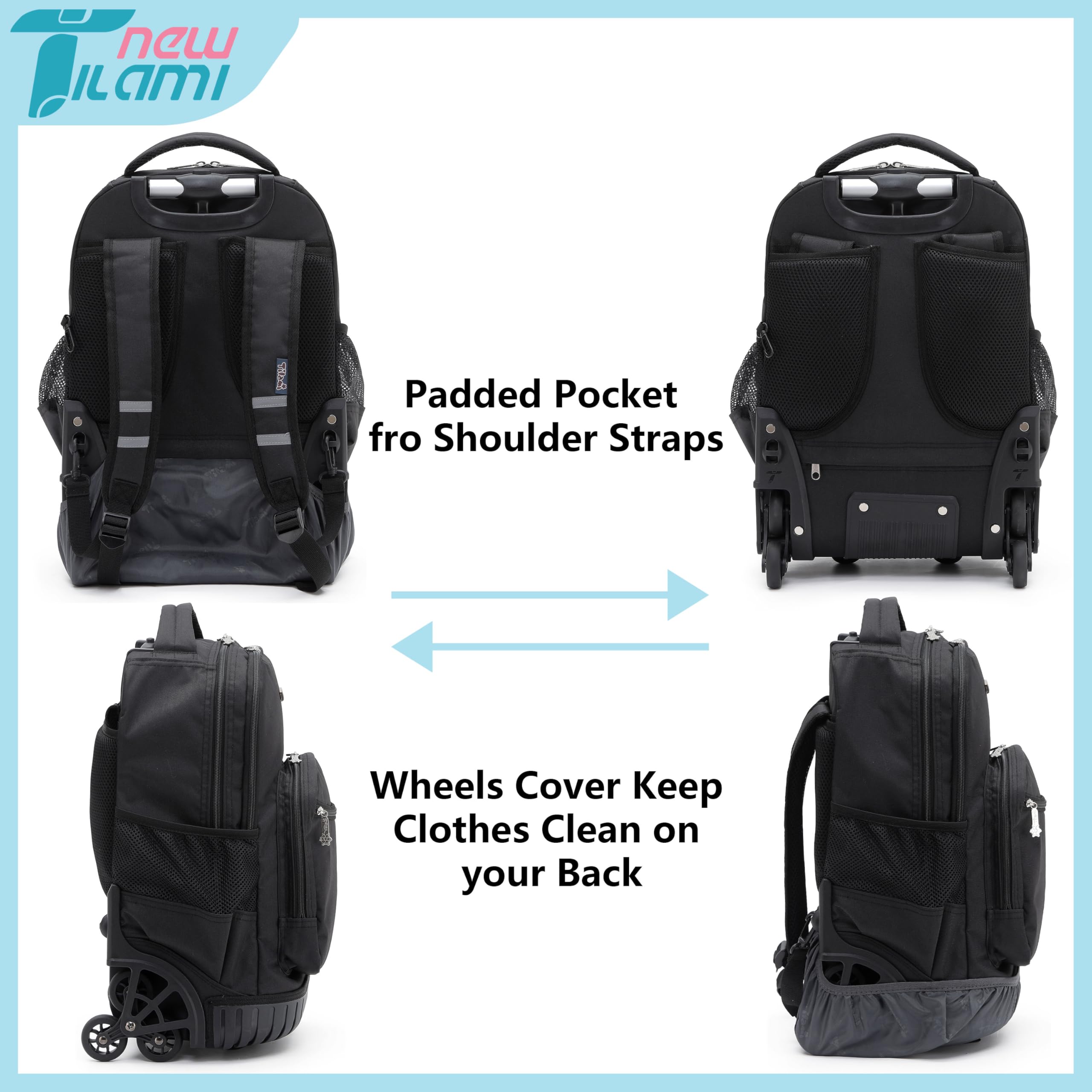 TILAMI 18-Inch Black Rolling Backpack for Kids - Adjustable Laptop Backpack with Wheels for School, Travel & Camping - Durable Rolling Backpack for Boys & Girls - Perfect for Commuting, Air Travel & Outdoor Adventures