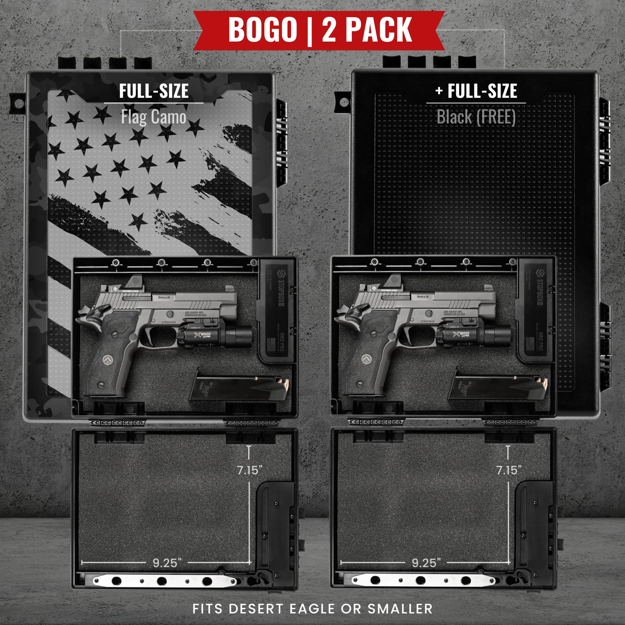 STOPBOX PRO Gun Safe - Portable Pistol Case for Car & Travel | Quick Access Handgun Storage | TSA Compliant | FLAG CAMO + BLACK (2 Pack)