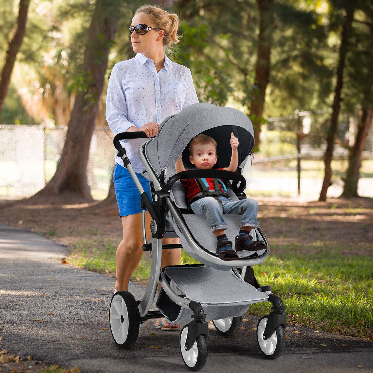 **HONEY JOY Baby Stroller - Convertible Infant Bassinet Stroller with Adjustable Canopy, Backrest & Storage Basket | Foldable Newborn Carriage Pram for Outdoor Walks, Shopping & Travel (Gray)**