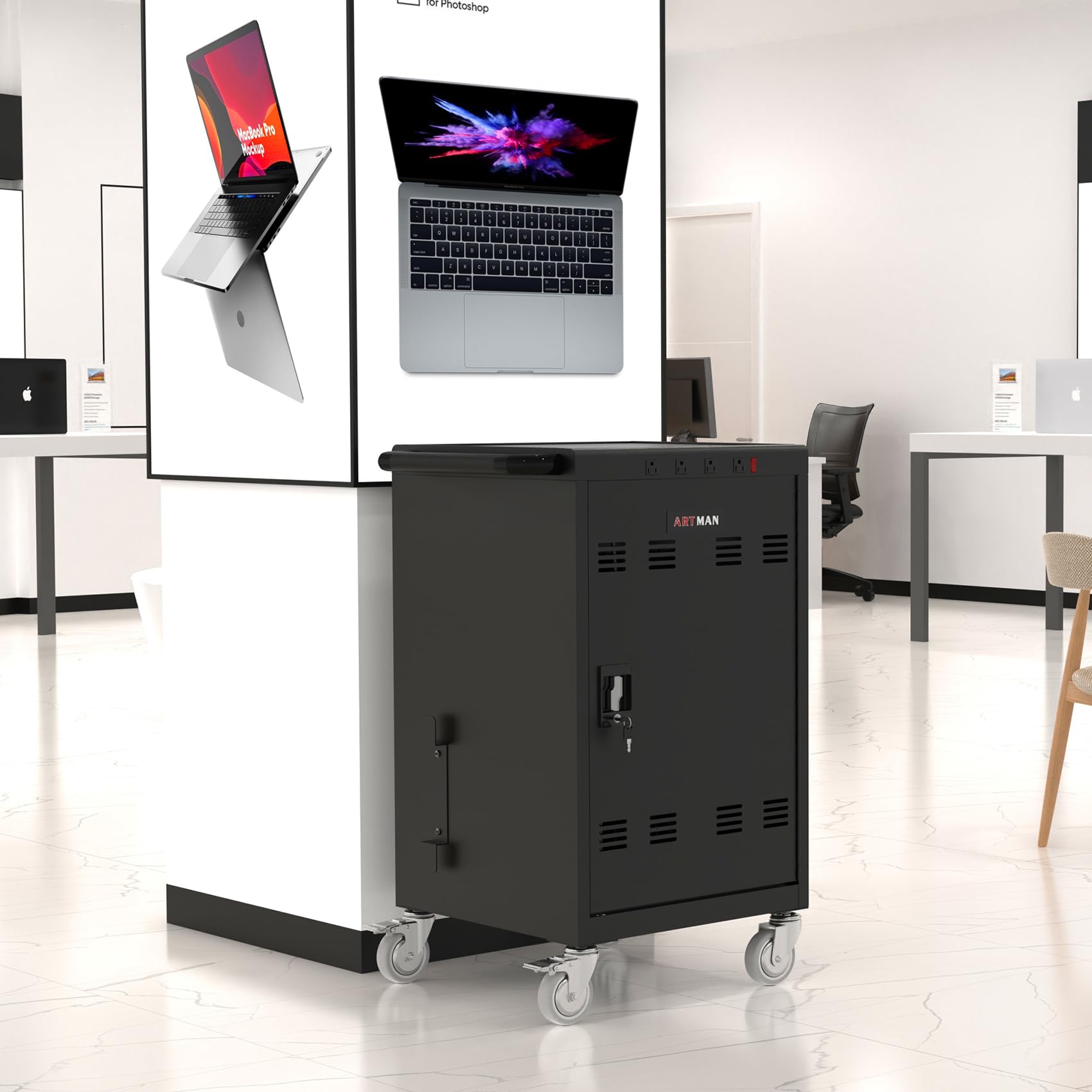 30 Device Mobile Charging Cart for iPad, Laptop & Chromebook - Fast Charging & Secure Storage (16.3in Screen Size) - 4 USB Ports - Ideal for School, Classroom, Library, Hospital, Office & Home Use - Black