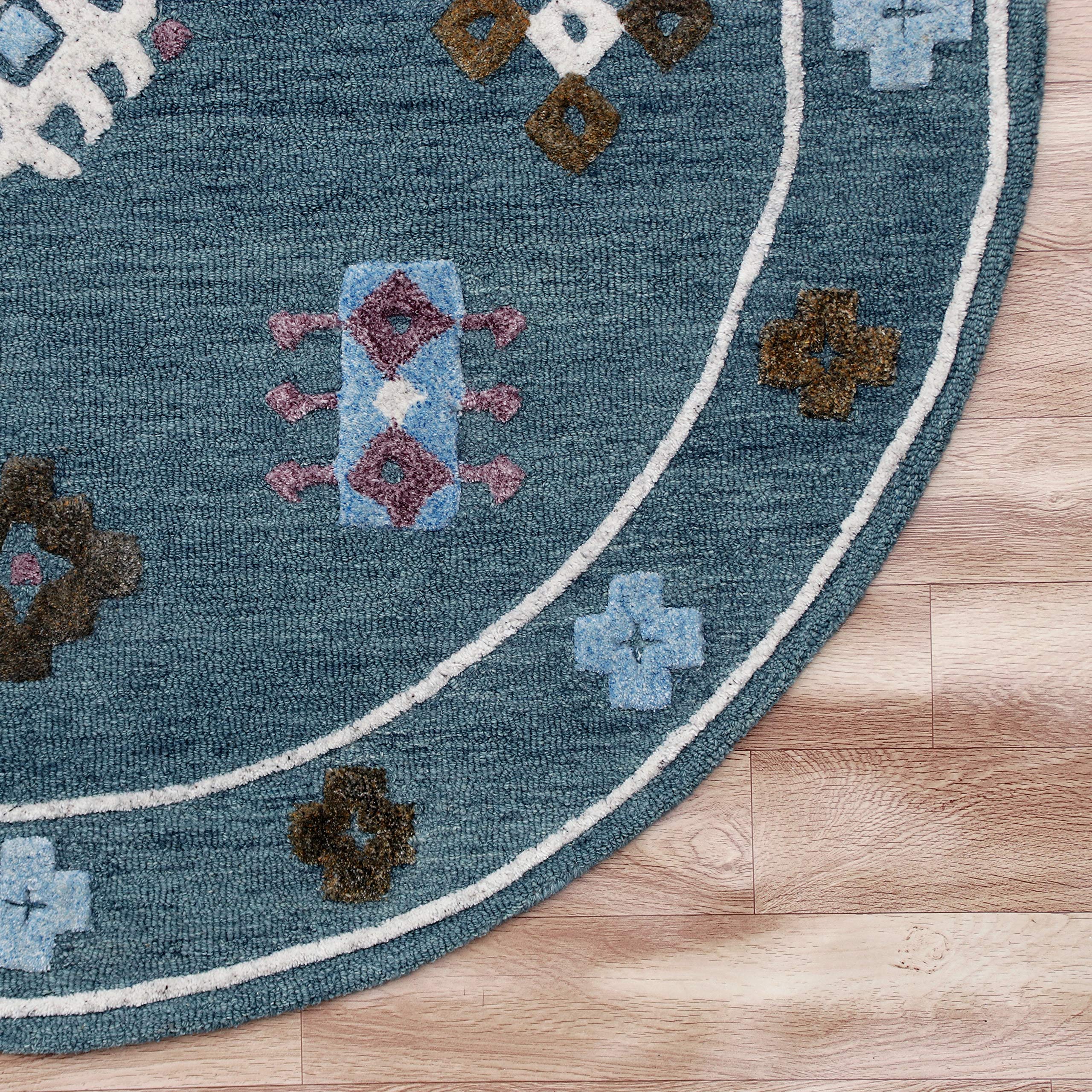 LR Home 7ft Round Indoor Large Area Rug - Transitional Boho Farmhouse Carpet in Blue | Perfect for Living Room, Bedroom, Kitchen, Playroom, Entryway & Office Decor | Soft & Durable Floor Covering for Cozy Home Atmosphere