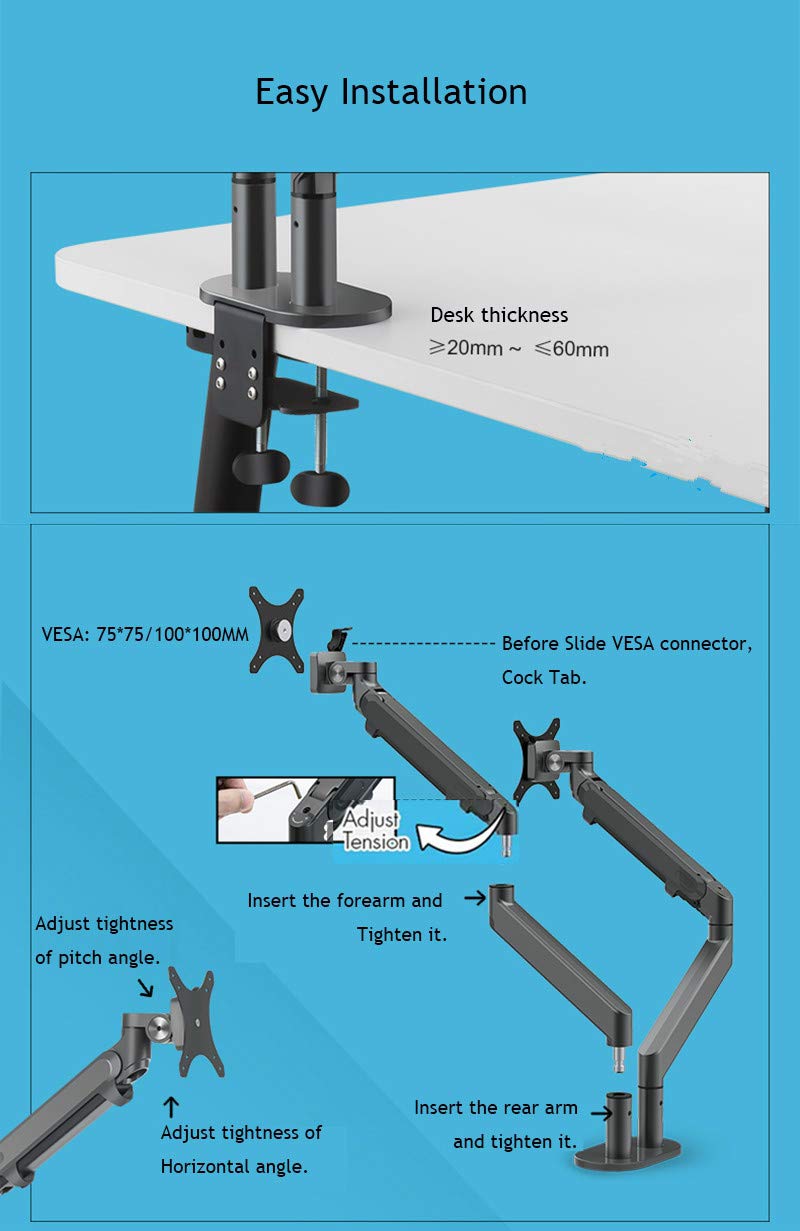 Dual Arm Monitor Mount Stand - Fully Adjustable Aluminum Gas Spring Monitor Holder for 17-32 Inch Screens (Black) | Ergonomic Desk Mount for Home Office, Gaming Setup & Workspace Organization