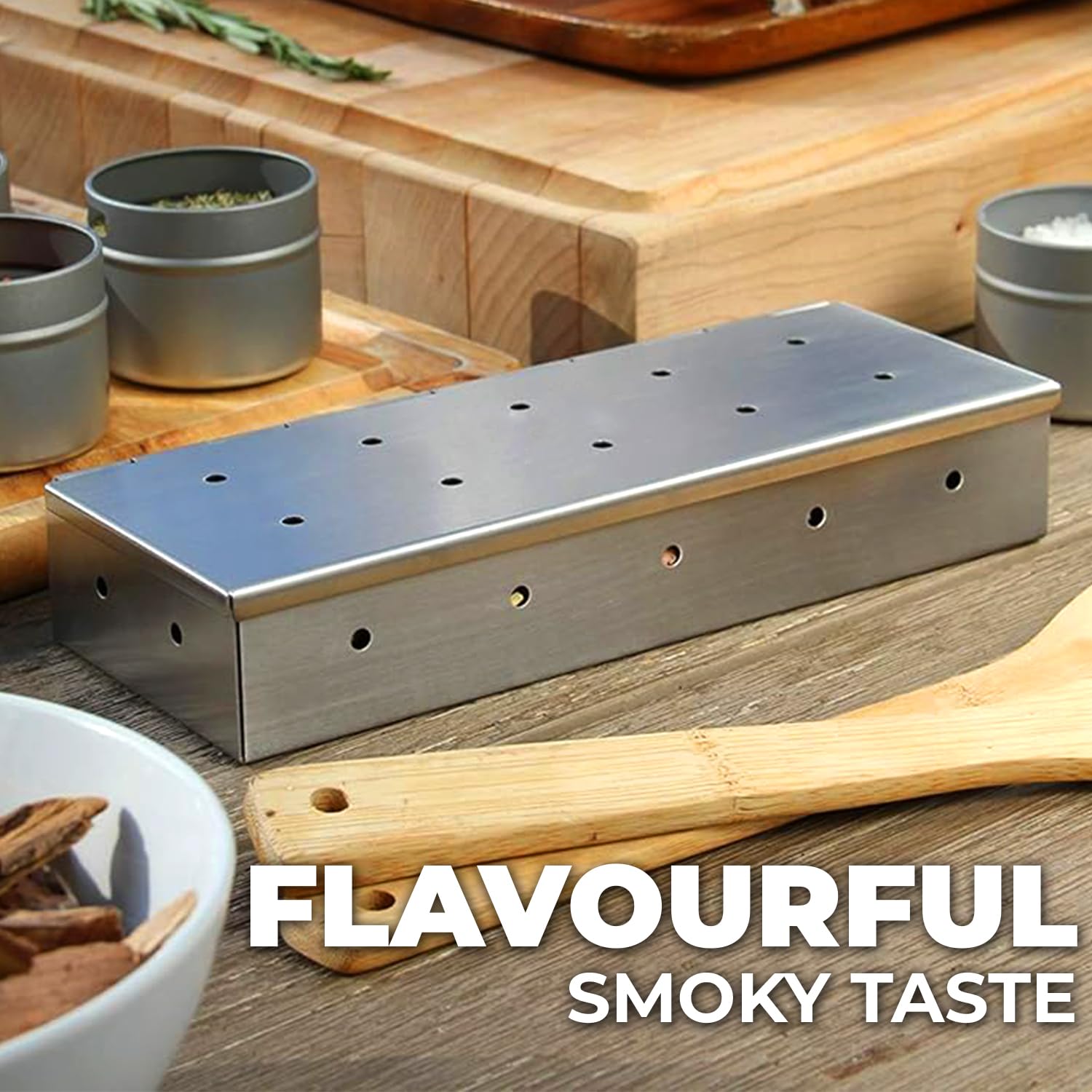 Stainless Steel BBQ Smoker Box for Gas & Charcoal Grills - Heavy Duty Wood Chip Smoker Box with 5pcs Aluminum Foil for Extra Smoke - Perfect for Backyard BBQ, Camping & Outdoor Cooking - Enhances Flavor with Rich Smoky Taste