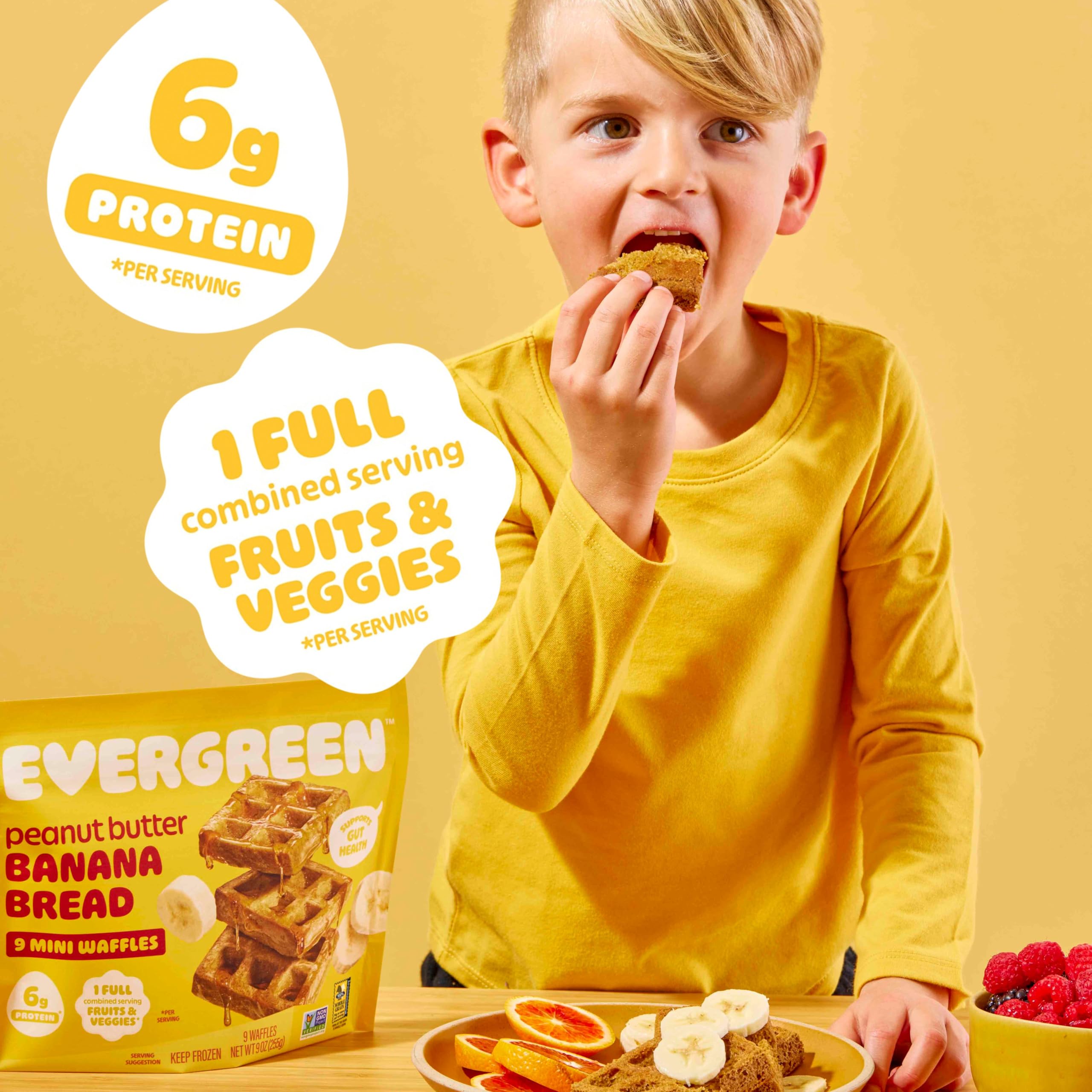 Evergreen Peanut Butter Banana Bread Waffles - 100% Whole Grain, Dairy-Free, No Preservatives | 1 Full Serving of Fruits & Vegetables | Supports Gut Health | 9 Frozen Waffles per Bag | Perfect for Breakfast, Snacks & Healthy Family Meals