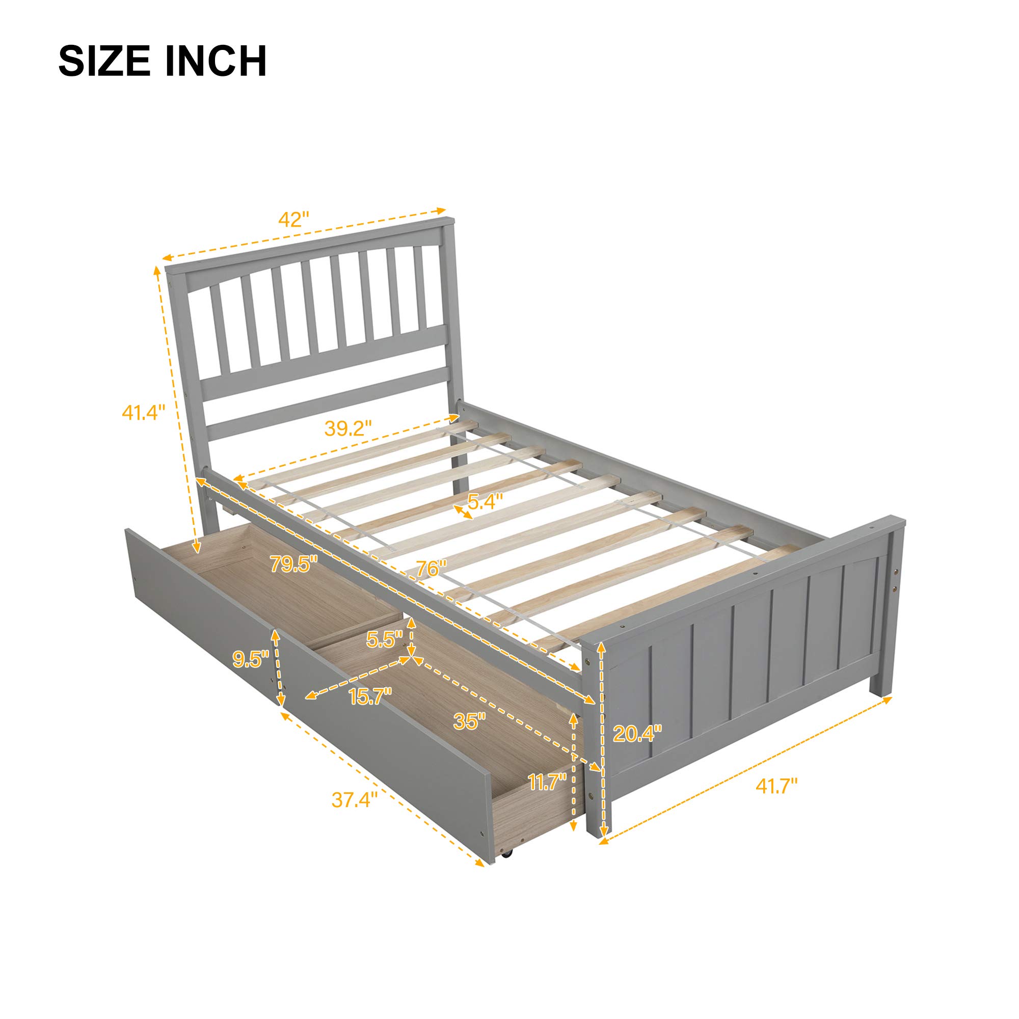 Twin Size Solid Wood Platform Bed Frame with 2 Storage Drawers & Headboard - No Box Spring Needed - Grey - Perfect for Kids Bedroom, Guest Room or Small Space