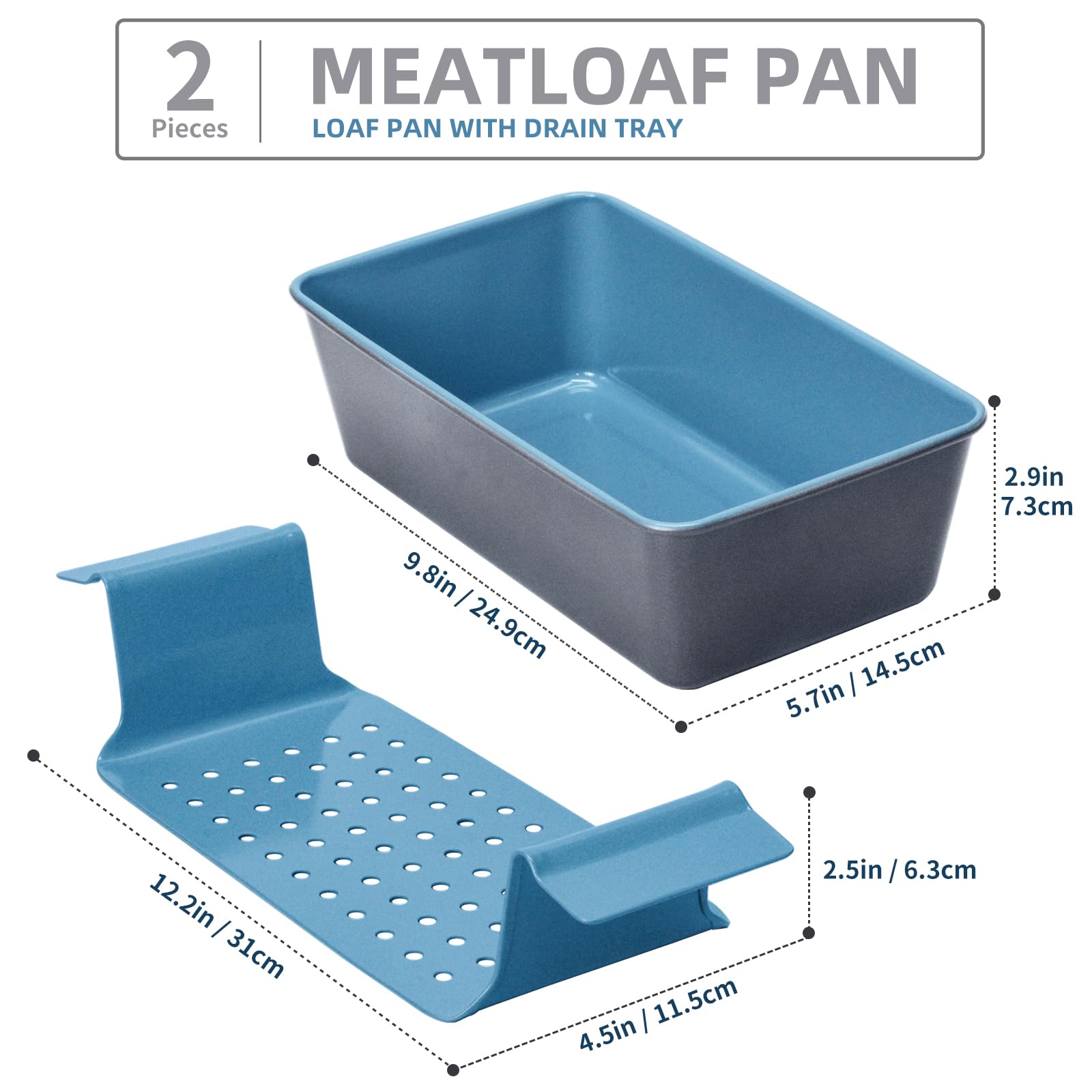 Nonstick Meatloaf Pan with Drain Tray - 9.8 x 5.7 Inch Bicolor Loaf Pan Set for Baking Meatloaf, Homemade Banana Bread, and Cakes - Oven Safe & Easy Clean - Perfect for Family Dinners and Holiday Baking (Blue)