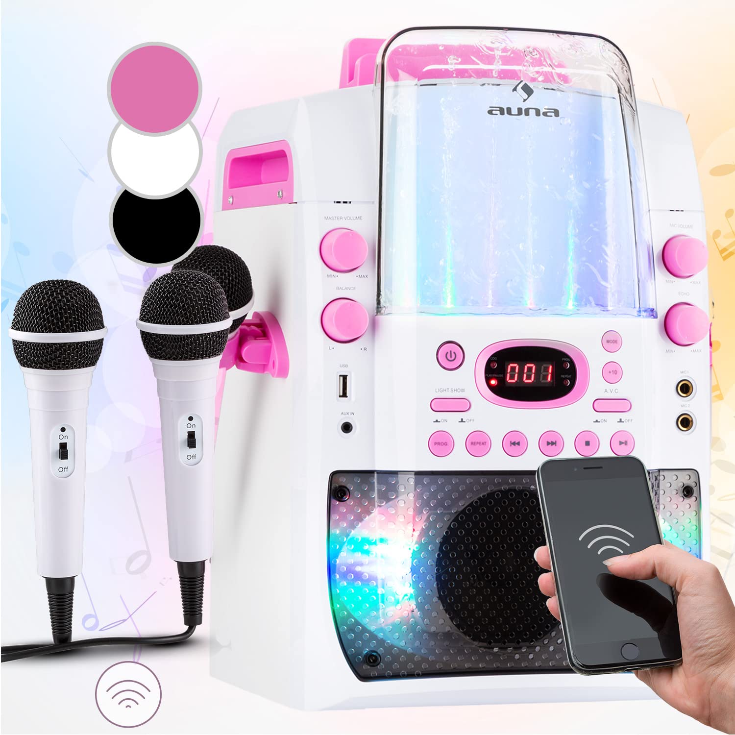 Auna Portable KTV Karaoke Machine with CD Player, 2 Microphones, LED Light Display, RCA Video, AUX & USB Input - for Adults & Kids - Perfect for Home Parties, Family Gatherings & Singing Practice