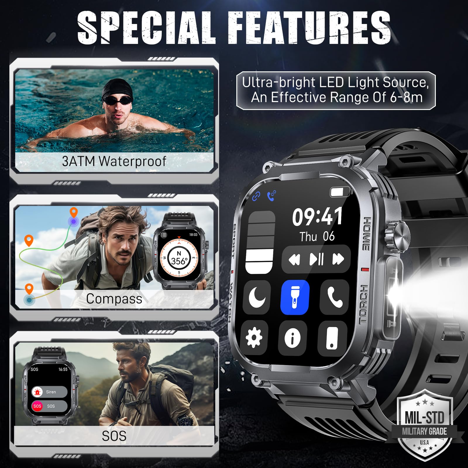 Military Tactical Smart Watch for Men - 3ATM Waterproof, 2.02