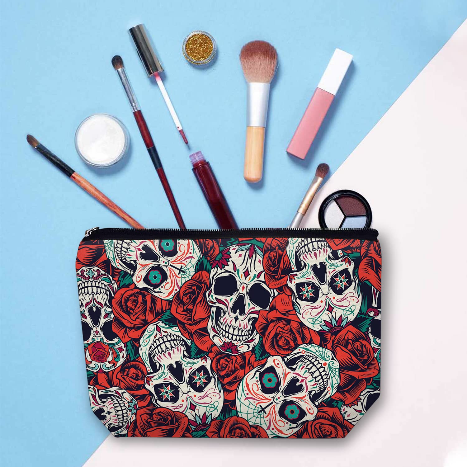 Large Travel Makeup Bag for Women - Waterproof Cosmetic Organizer with Zipper, 7x10 Inch Toiletry Pouch (Skull Flower Design) - Perfect for Travel, Gym, and Daily Beauty Storage