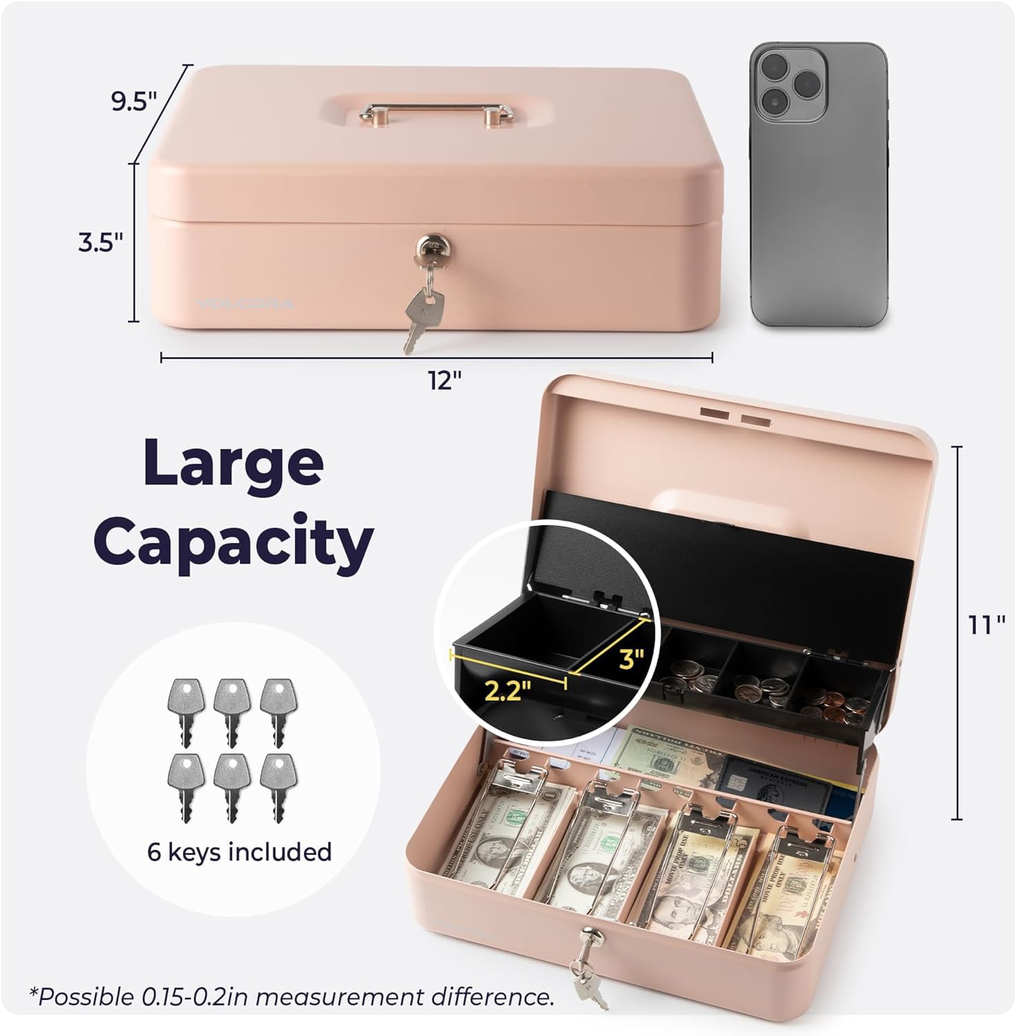 Volcora Large Cash Box with Key Lock - Metal Money Storage Safe Box with Money Tray | Portable & Durable Cash Organizer for Small Business, Yard Sales, Garage Sales | Perfect for Retail Stores, Events, and Home Security (Rose Gold)