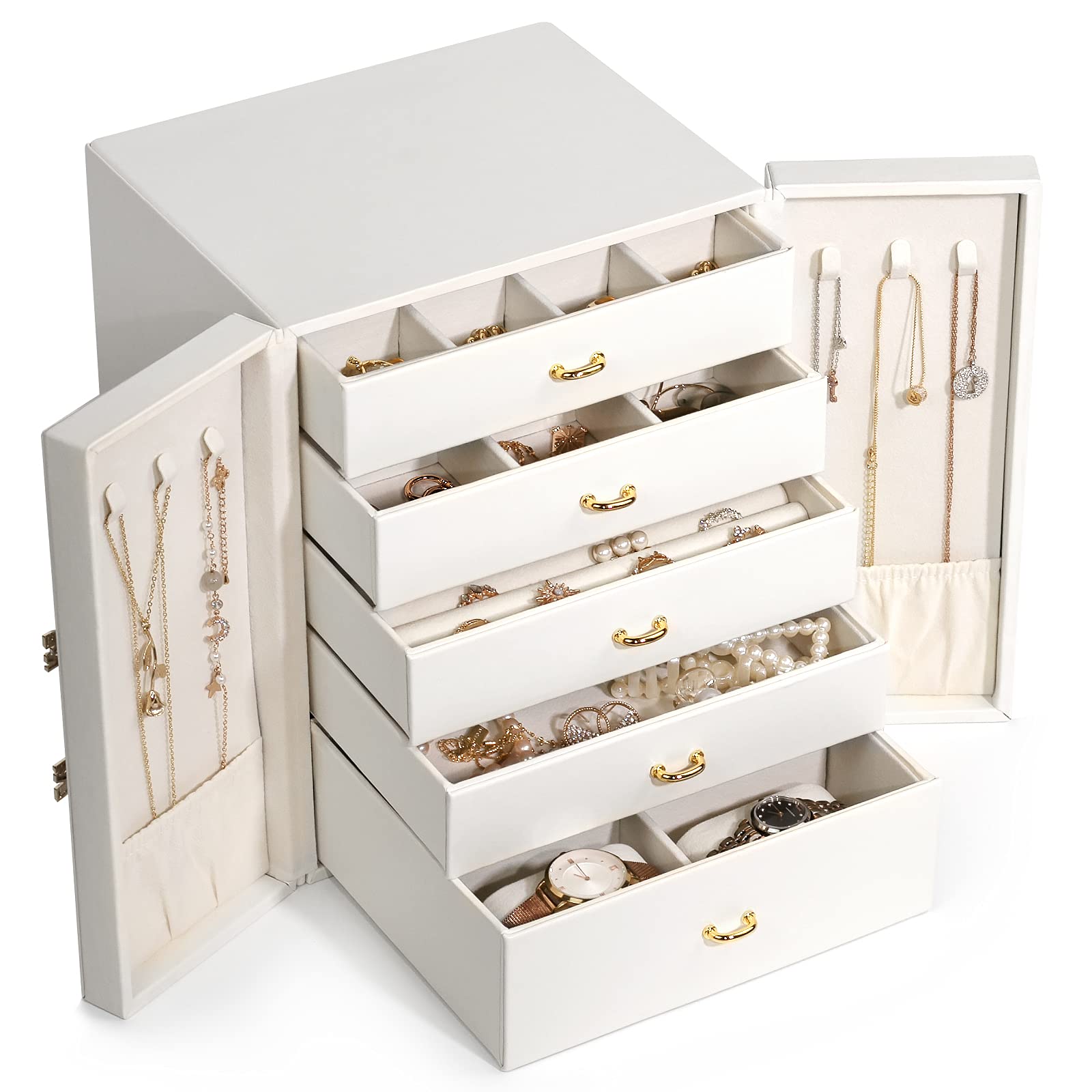 5-Drawer Large Jewelry Box Organizer - Leather Storage Case for Necklaces, Earrings, Rings, Watches & Bracelets | Elegant Stand-Up Holder | Perfect Gift for Women & Girls (White) | Ideal for Bedroom Vanity, Travel & Jewelry Display
