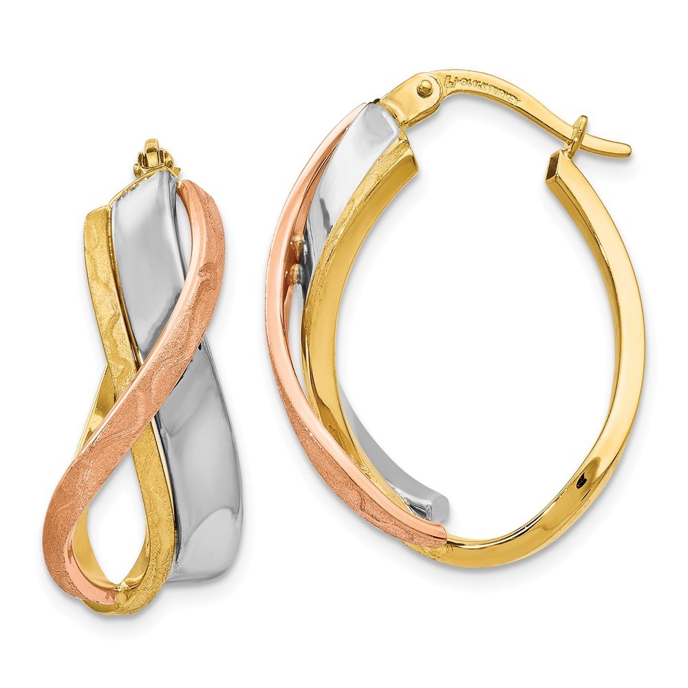 14K Tri-Color Gold Polished & Brushed Hoop Earrings for Women - Elegant Fancy Jewelry for Parties, Weddings & Special Occasions