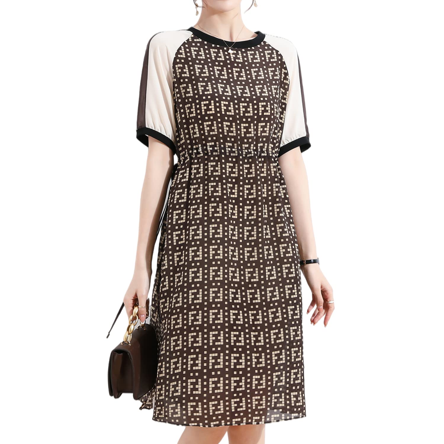 Women's 100% Silk Patchwork Dress - Crew Neck Casual Beach Dress for School, Party & Summer Outings | Perfect for Beach Vacations, Date Nights & Casual Wear