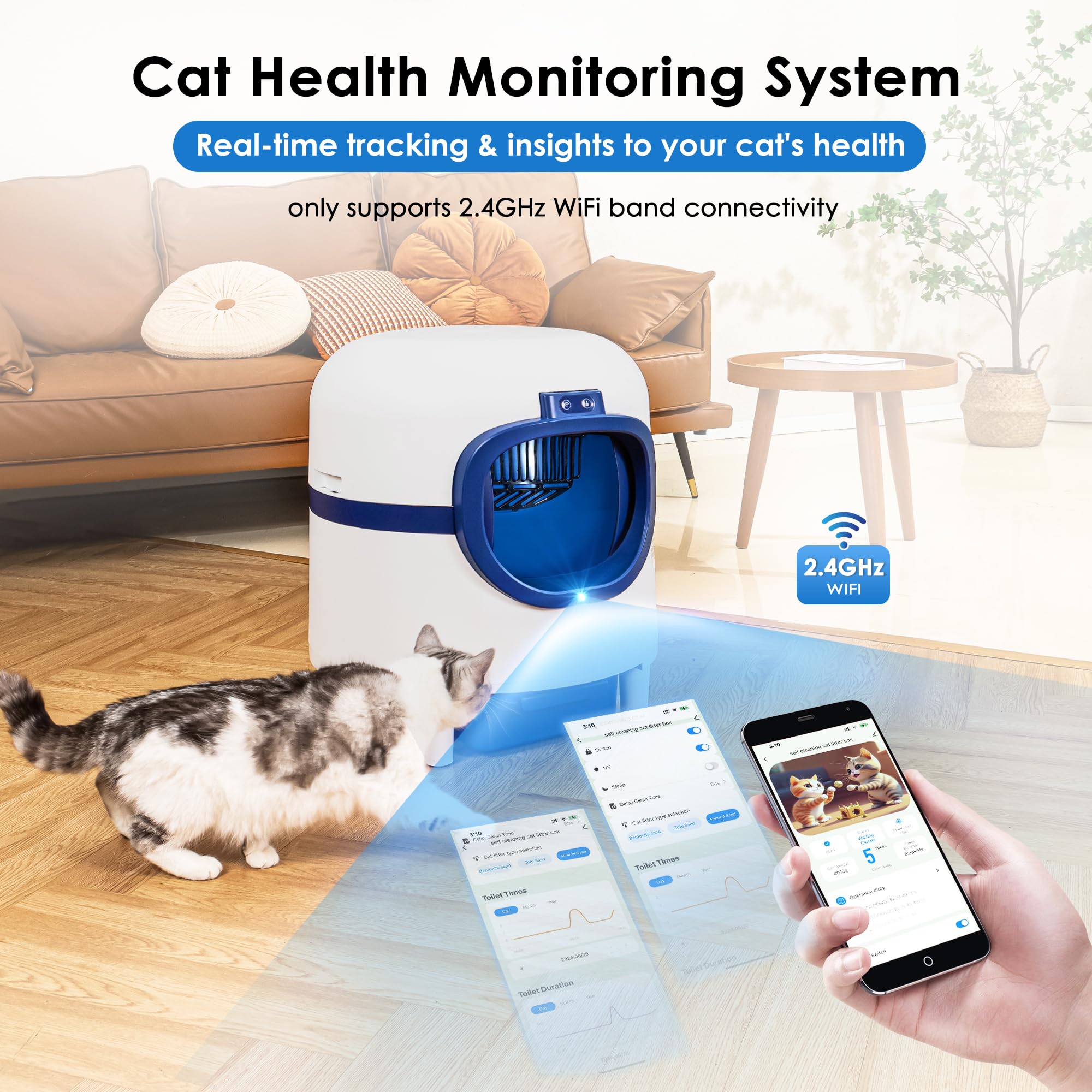 Self Cleaning Cat Litter Box Automatic - Large Capacity Smart Litter Box for Multiple Cats with APP Control, Low Noise & Odor Removal - Includes 2 Rolls Garbage Bags (White & Blue) - Perfect for Busy Pet Owners & Multi-Cat Households