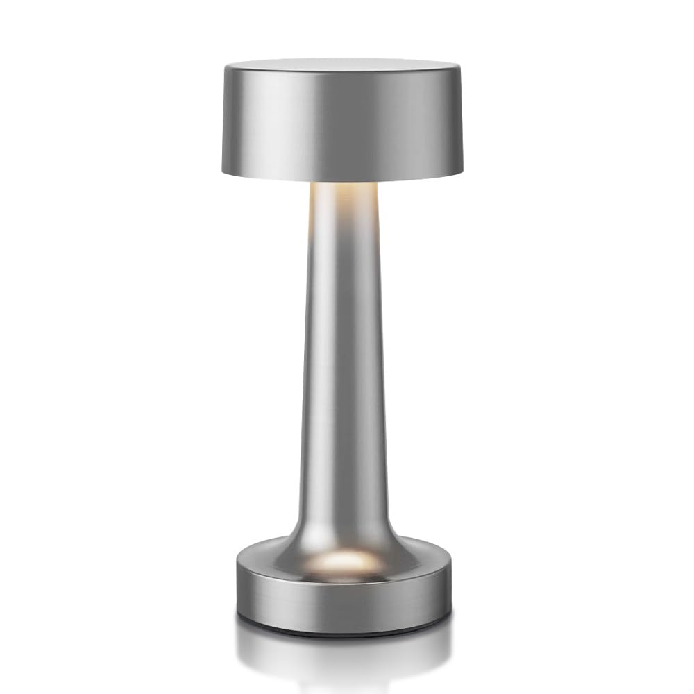 Portable LED Table Lamp with 3-Level Brightness & Touch Control - Rechargeable Metal Desk Lamp in Silver | Perfect for Bedside, Nightstand, Living Room & Office Lighting