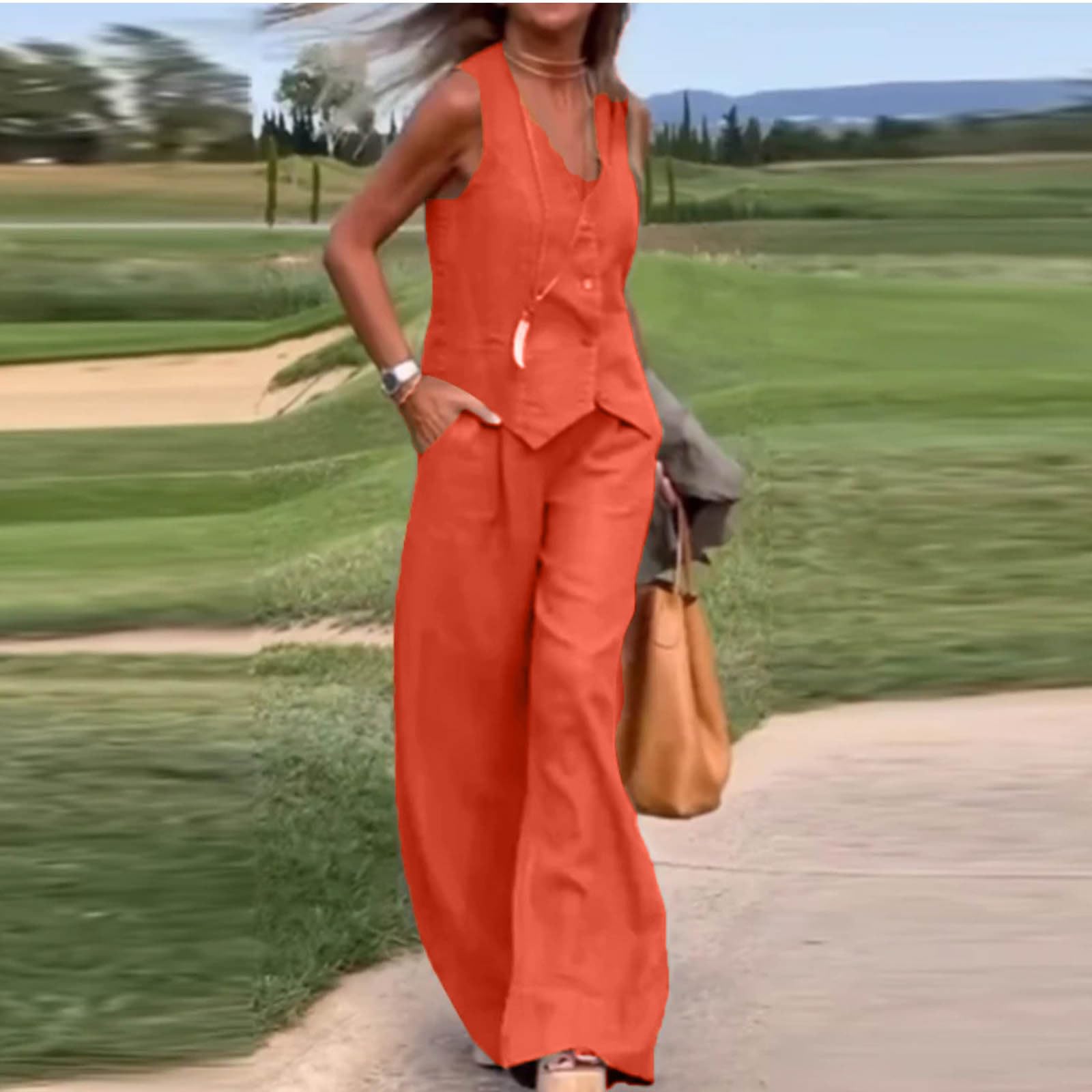 Plus Size Linen Summer Two Piece Sets for Women - Deep V Neck Button Down Tank Top & Wide Leg Lounge Pants | Casual Outfit, Beach Wear, Vacation Clothes, Relaxing at Home