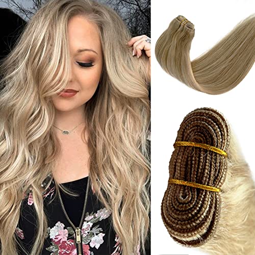 14 Inch Sew in Human Hair Extensions - 80g Blonde Highlights Bundles, Straight Balayage Platinum & Beige Blonde Remy Hair for Full Head | Perfect for Weddings, Parties & Daily Styling