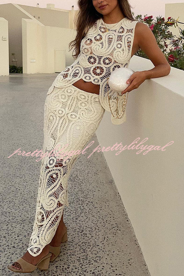 Crochet Lace Elastic Waist Maxi Skirt with Irregular Hem - Boho Summer Beach Dress for Vacation, Wedding, or Casual Outings
