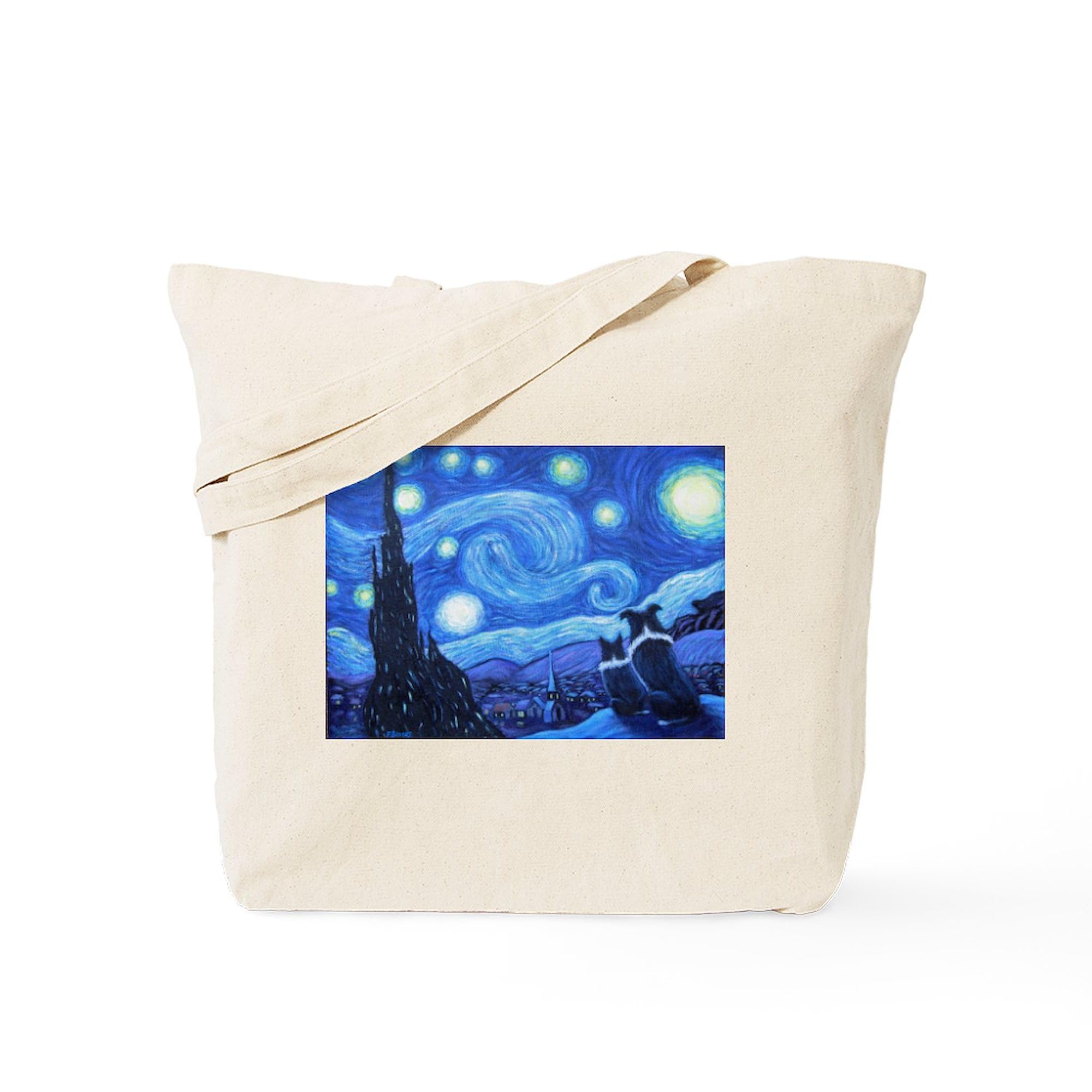 Starry Night Border Collies Canvas Tote Bag - Eco-Friendly Reusable Shopping Bag for Groceries, Beach & Daily Use | Van Gogh Inspired Dog Lover Gift