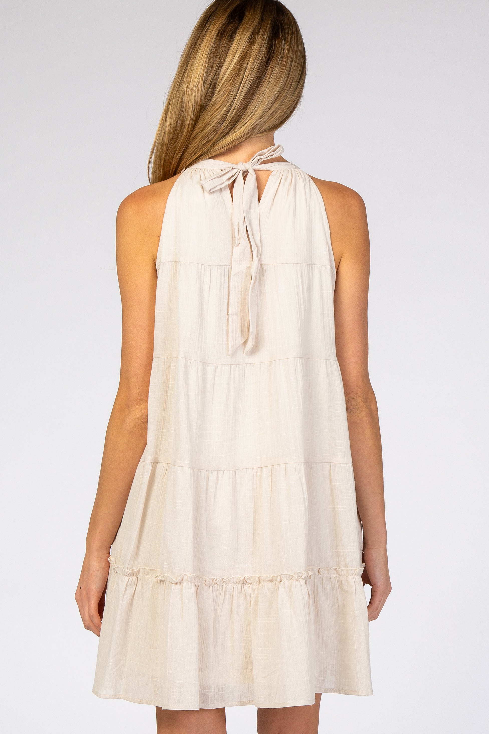 Beige Mock Neck Ruffle Tiered Linen Maternity Dress for Pregnancy - Comfortable & Stylish Nursing Dress for Women, Perfect for Baby Showers, Maternity Photos & Casual Outings