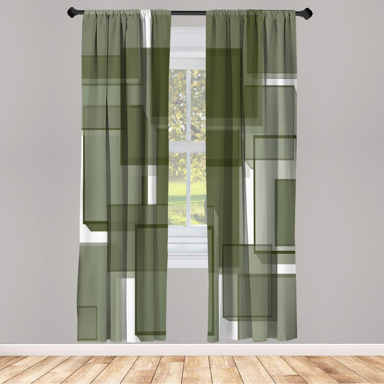 Ambesonne Modern Geometric Window Curtains - 3D Cubes Abstract Design, Lightweight Olive Green 2-Panel Set with Rod Pocket (28
