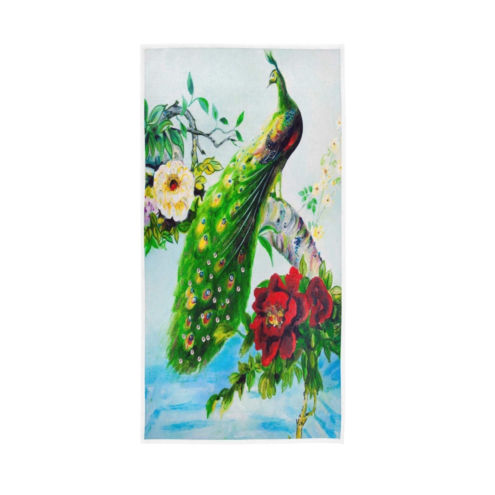 ALAZA Peacock Chinese Rose Floral Cotton Face Towel Set - Soft Bath & Hand Towels 30x15 Inches for Bathroom Decor, Spa, Guest Towels, Luxury Hotel Style Home Accessories