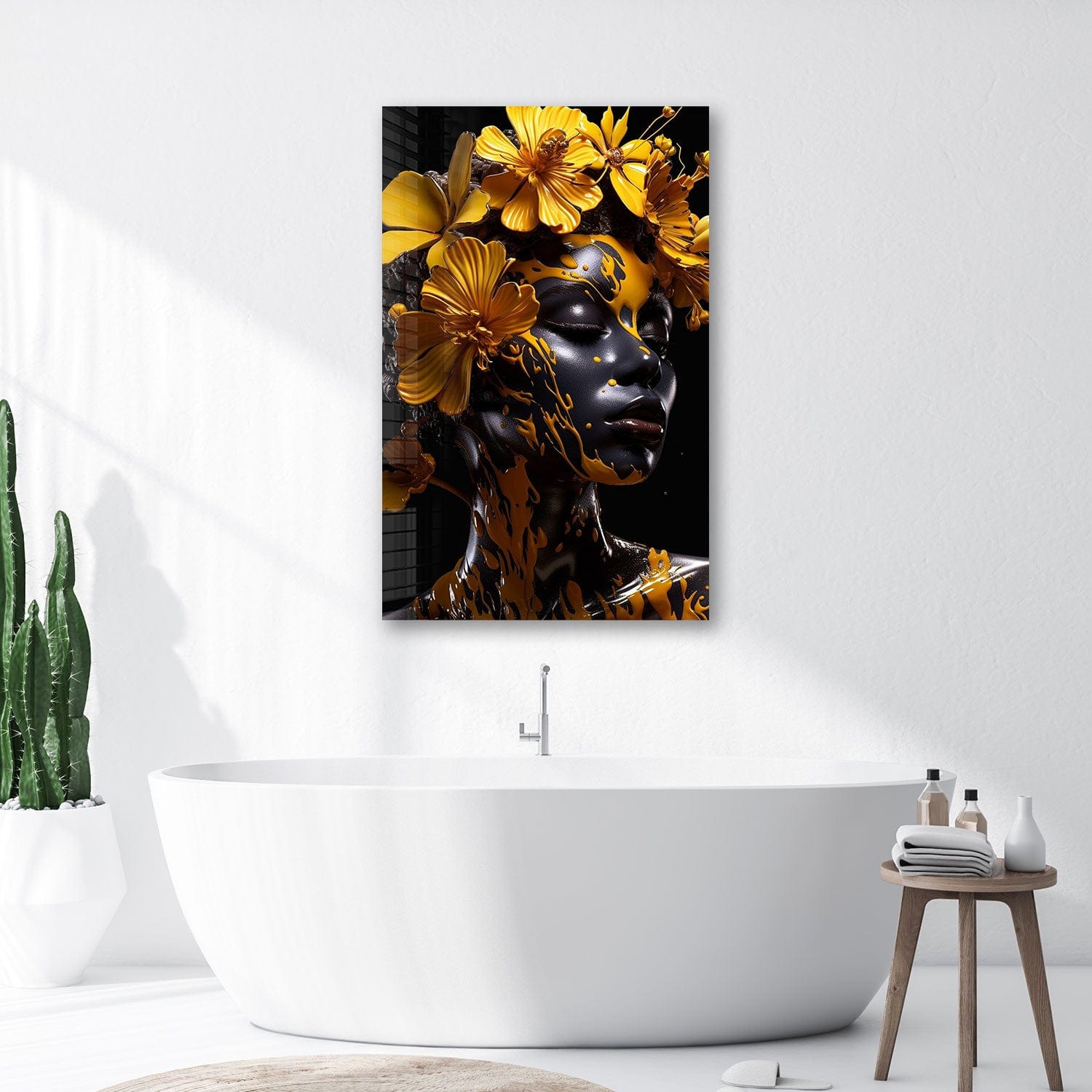 Yellow Floral Woman Tempered Glass Wall Art - Elegant Home Decor for Living Room, Bedroom & Office
