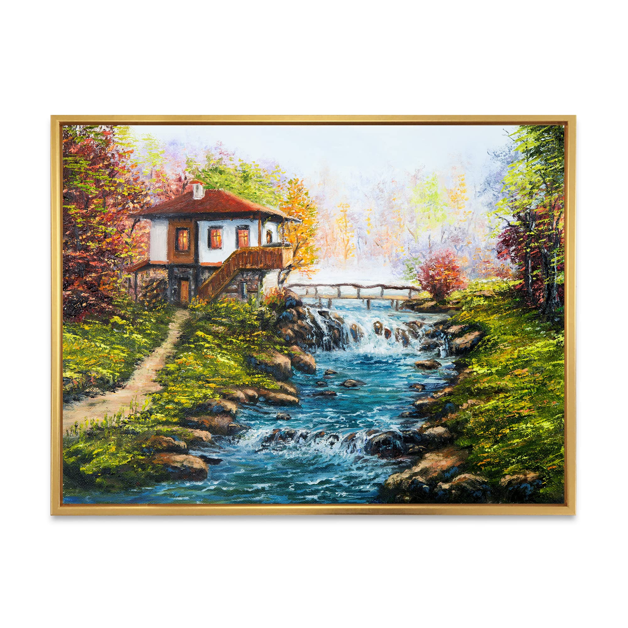 Traditional Bulgarian House and River Landscape - Lake House Framed Canvas Wall Art Print for Living Room, Bedroom & Office Decor