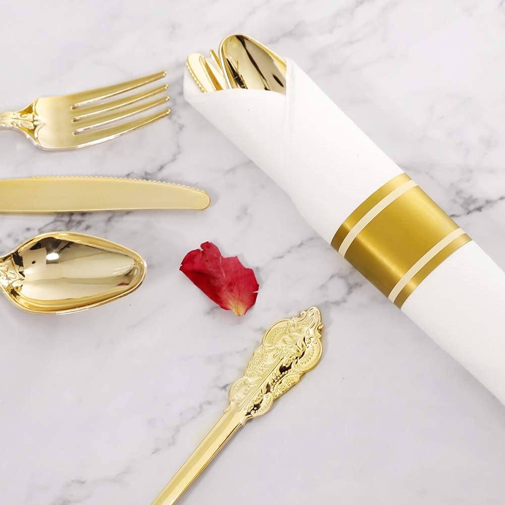 Liacere 102-Piece Pink Plastic Plates & 30-Pack Gold Plastic Cutlery Set - Perfect for Birthday Parties, Weddings, and Outdoor Events