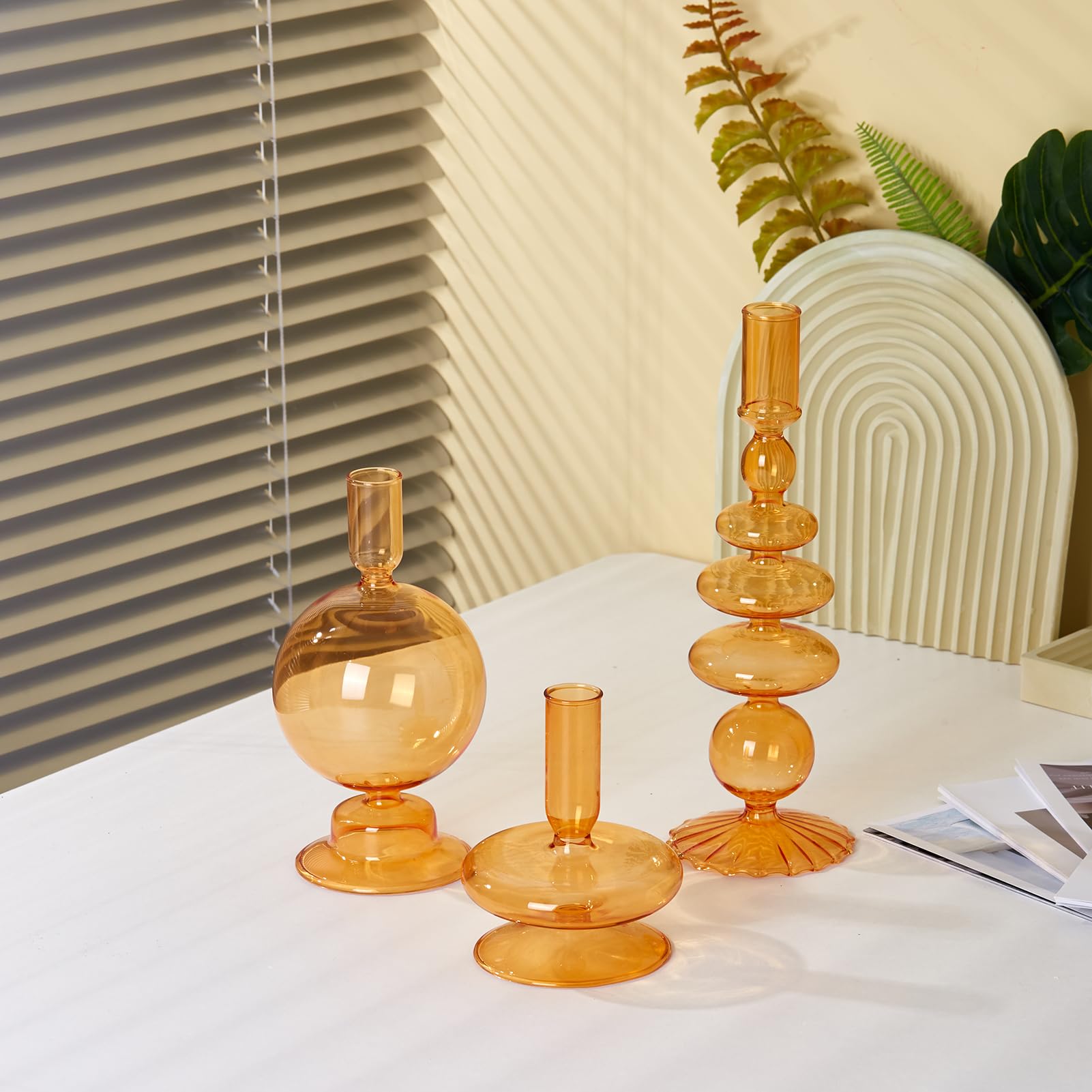Modern Glass Taper Candle Holders - Elegant Table Centerpiece for Weddings, Dinner Parties & Home Decor - Orange Candlestick Stands for Romantic Ambiance & Holiday Celebrations