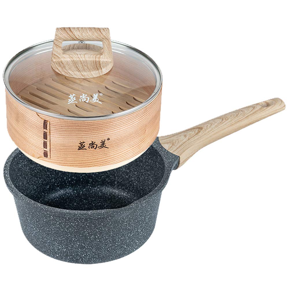 HCooker 7 Inch Maifan Stone Non-Stick Sauce Pan with Glass Lid & Wood Steamer - Healthy Cooking Pot for Soups, Stews & Steaming Vegetables (Perfect for Home Kitchen & Healthy Meals)