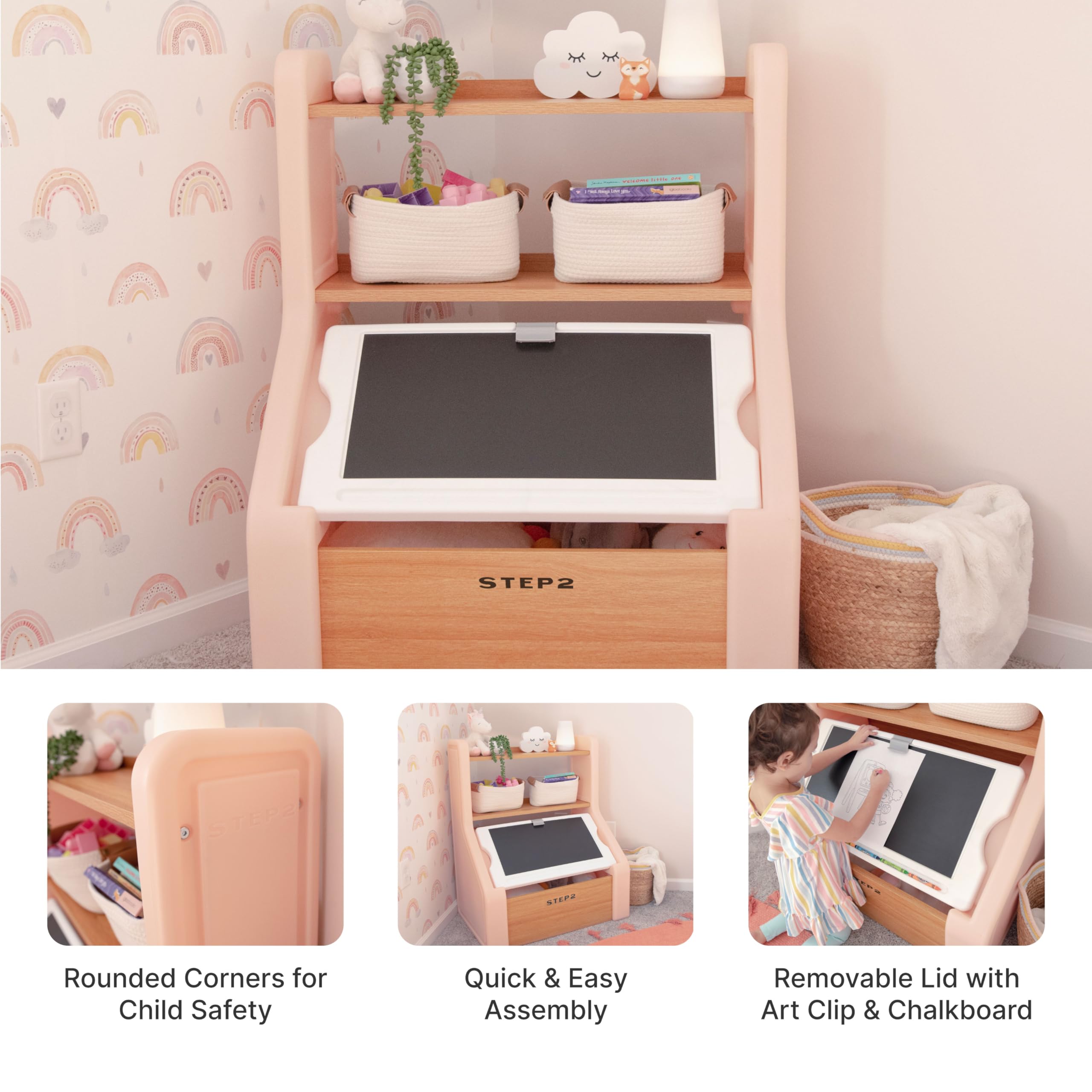 Step2 Harmony Toy Storage Box with Chalkboard Lid & Easel - Durable Plastic Toy Organizer for Toddlers Ages 2+ (Rose Pink) - Perfect for Kids' Room Organization & Playroom Storage