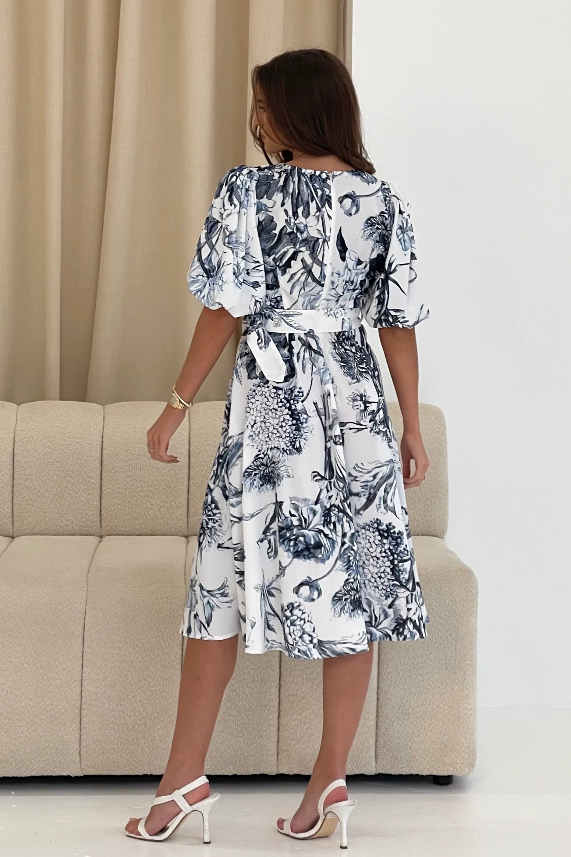 Bryn Puff Sleeve Midi Dress - Floral Print Blue Summer Dress for Women | Perfect for Beach Vacations, Garden Parties & Date Nights
