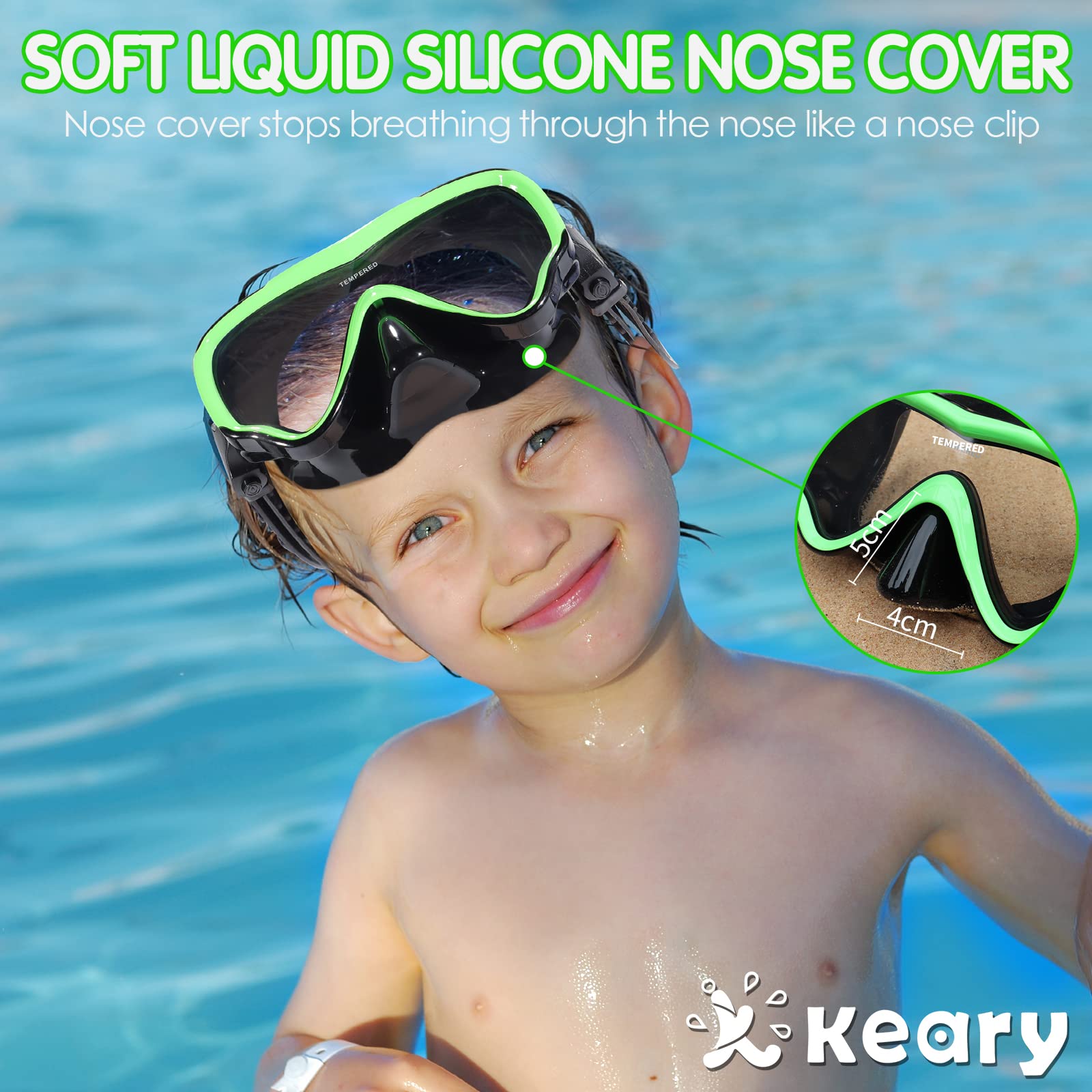 Keary Kids Swim Goggles with Nose Cover - Anti-Fog Swimming Mask for Boys & Girls Ages 5-15 - UV Protection Pool & Beach Swim Glasses for Safe Water Activities