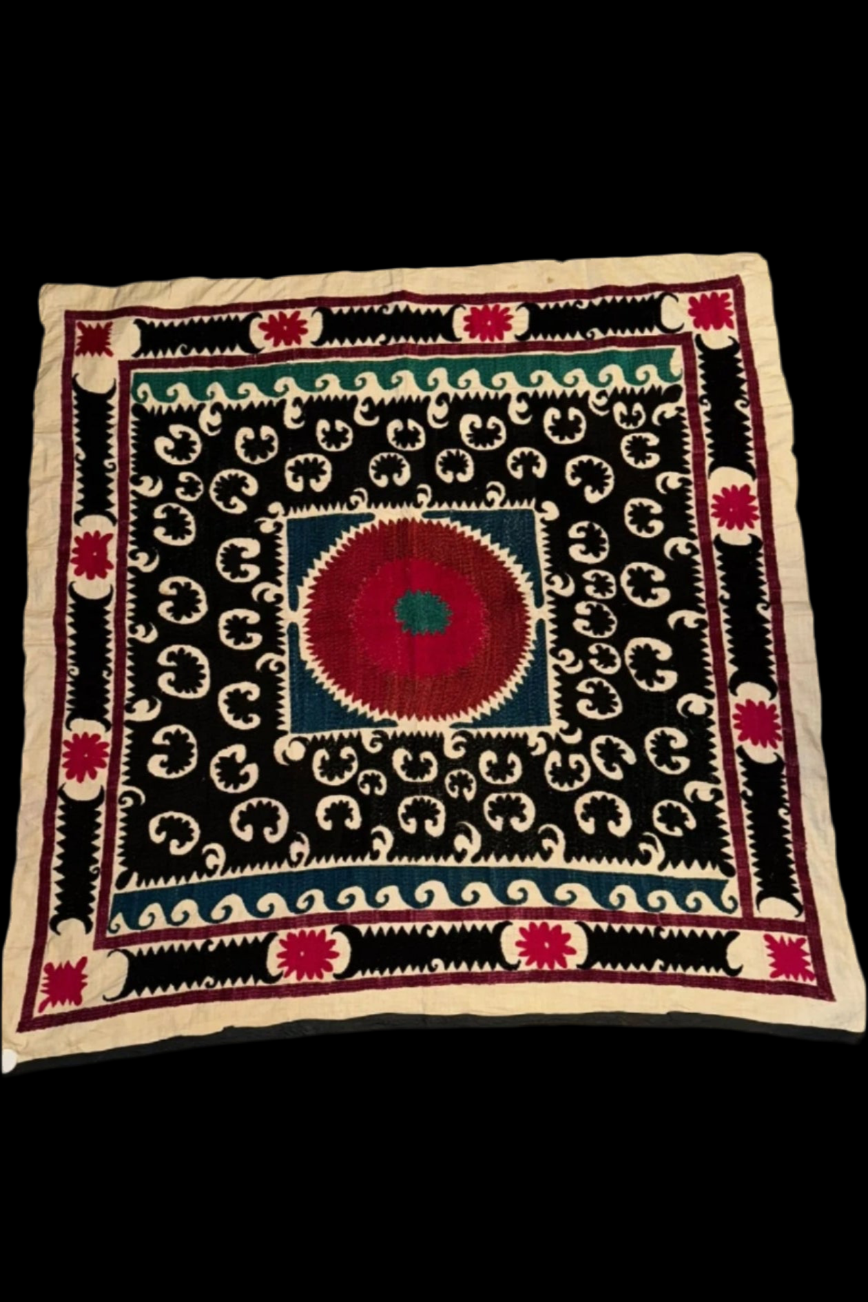 Authentic Black Uzbek Sunflower Suzani Handmade Embroidery - Perfect for Home Decor, Wall Hanging & Bohemian Style Bedroom