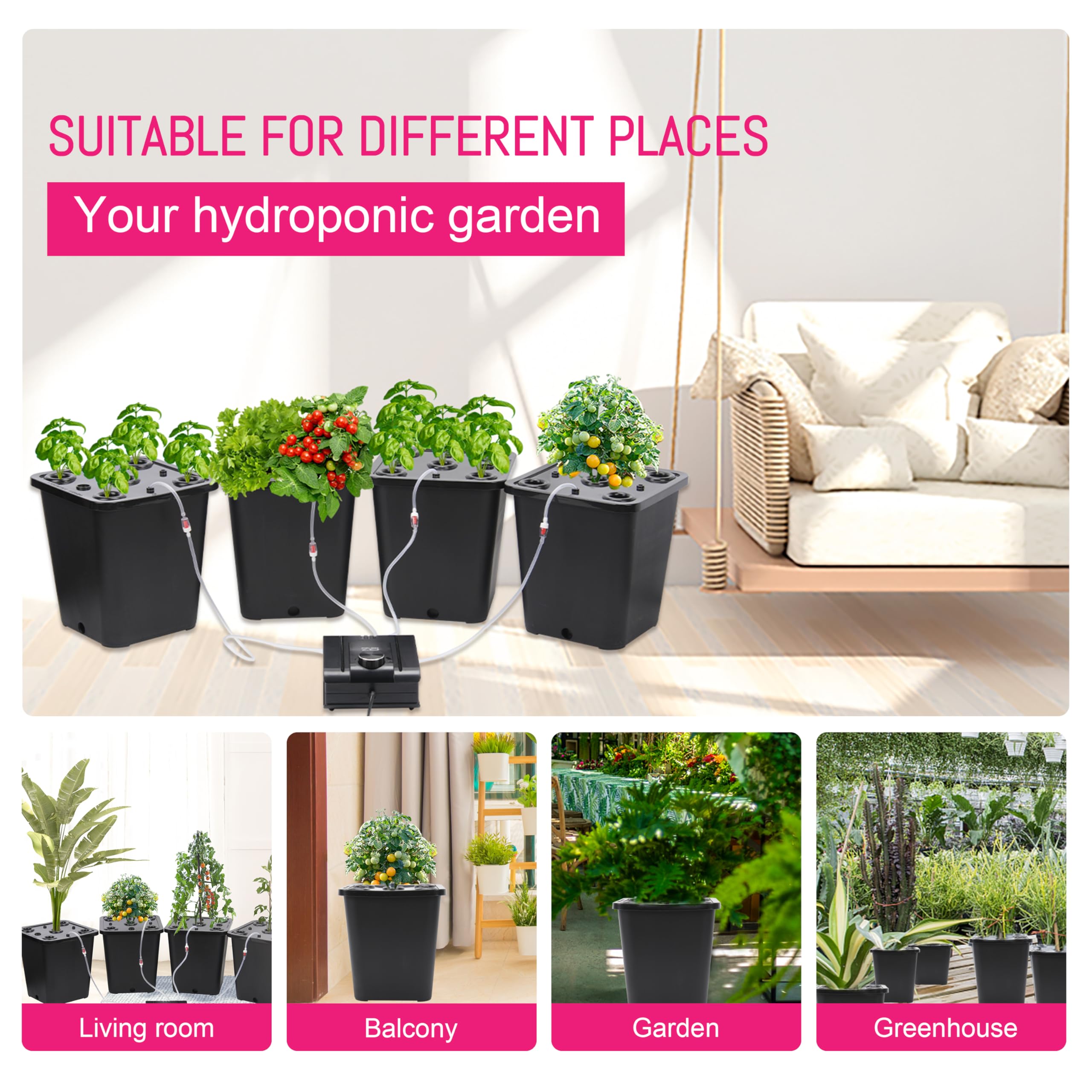 **4 Hydroponic Buckets Kit - Complete Indoor Hydroponic Growing System for Herbs, Tomatoes & Vegetables, DWC System with Air Pump & Germination Tray (Black) - Ideal for Home Gardening, Urban Farming & Indoor Plant Cultivation**
