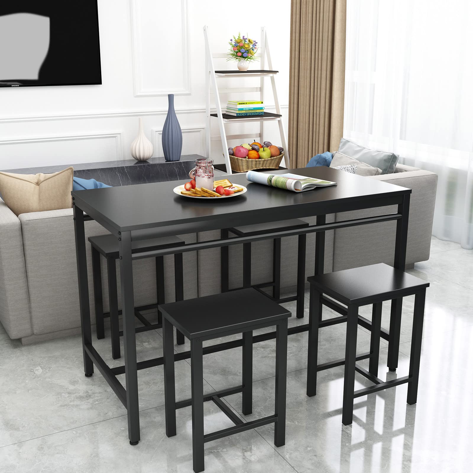 MIERES 5-Piece Industrial Dining Room Set - Kitchen Table & 4 Chairs with MDF Top & Sturdy Steel Frame for Home, Farmhouse, Restaurant, Cafe | Perfect for Family Meals, Breakfast Nook, Small Space Dining & Commercial Use