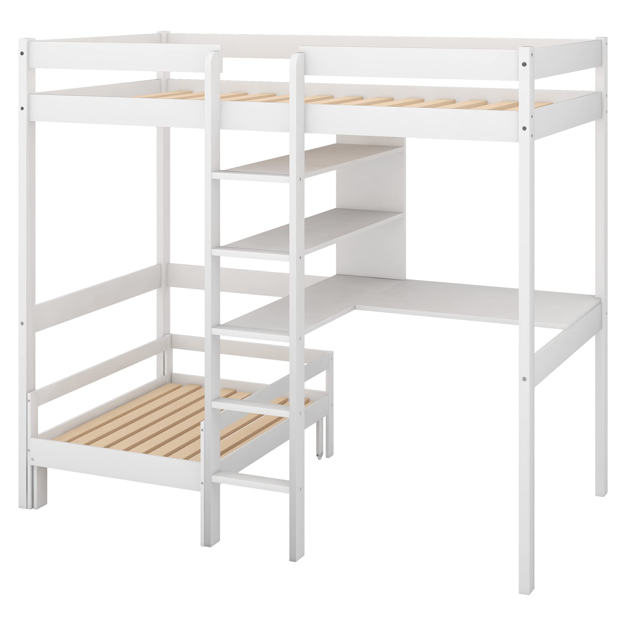 MERITLINE Twin Loft Bed with L-Shaped Desk & Bookshelf - Convertible Wood Bunk Bed for Kids & Teens - Space Saving Ivory Bedroom Furniture for Small Rooms - Perfect for Dorm, Bedroom or Apartment