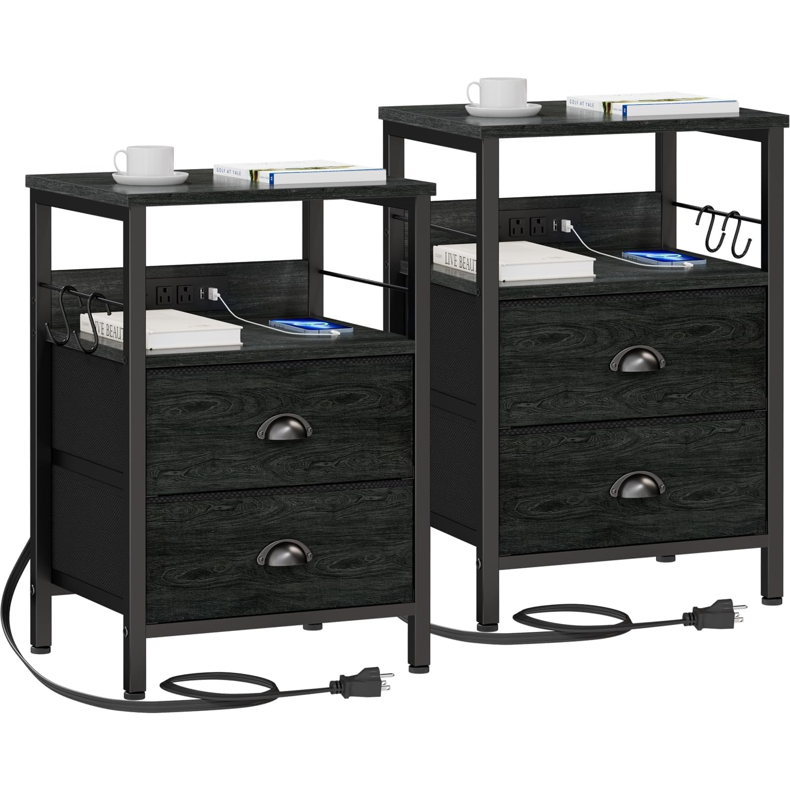 2-Piece Furologee Nightstand Set with Charging Station - Black Oak Side Tables with USB Ports, 2 Fabric Drawers & Storage Shelf - Perfect for Bedroom & Living Room Organization - Ideal for Charging Devices, Storing Books & Bedside Essentials