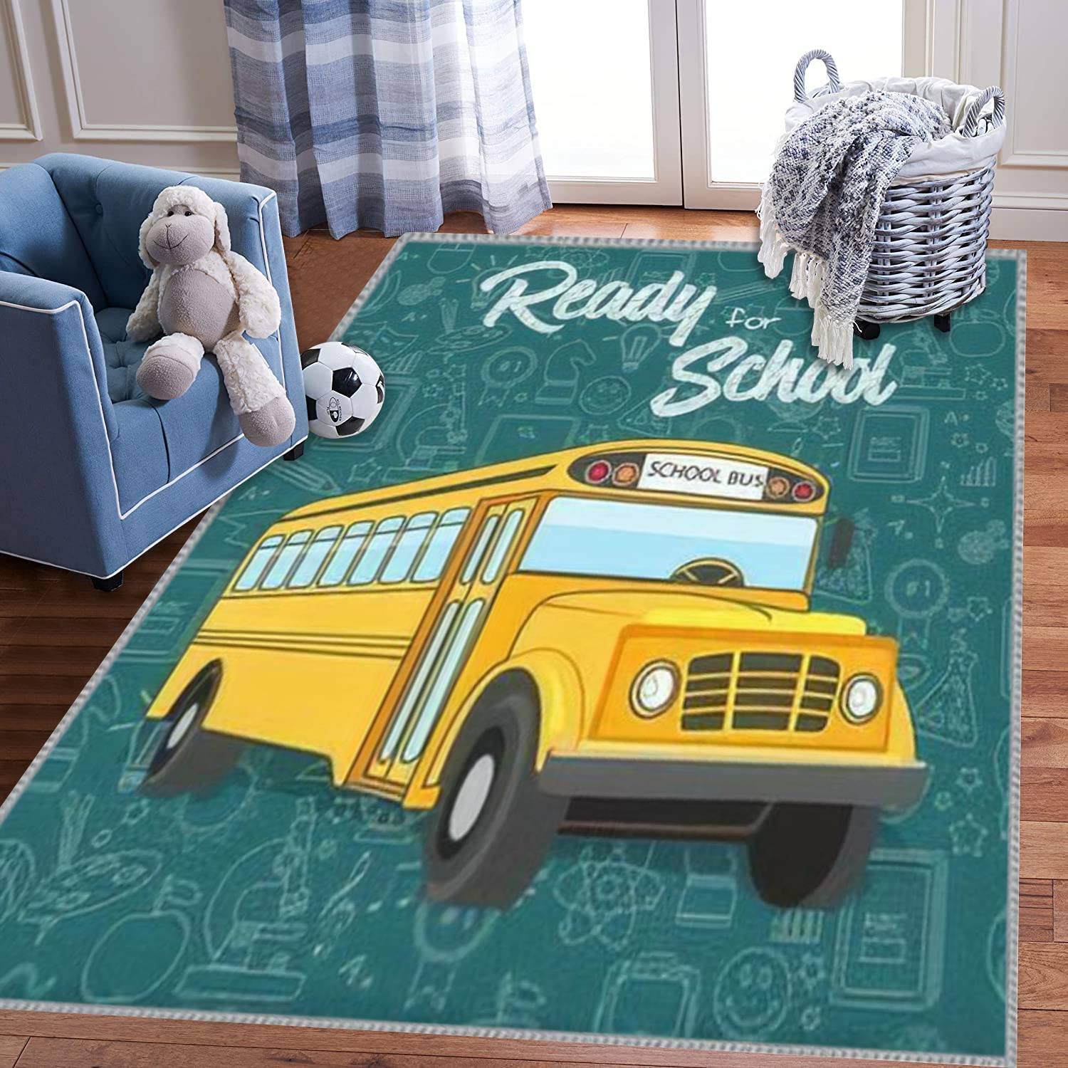 Extra Large 5x8 ft Kids Play Area Rug with 3D Yellow School Bus Design - Non-Slip Nursery Carpet for Boys & Girls, Perfect for Bedroom, Playroom & Classroom Decor - Ideal for Learning, Playing & Welcoming New School Year