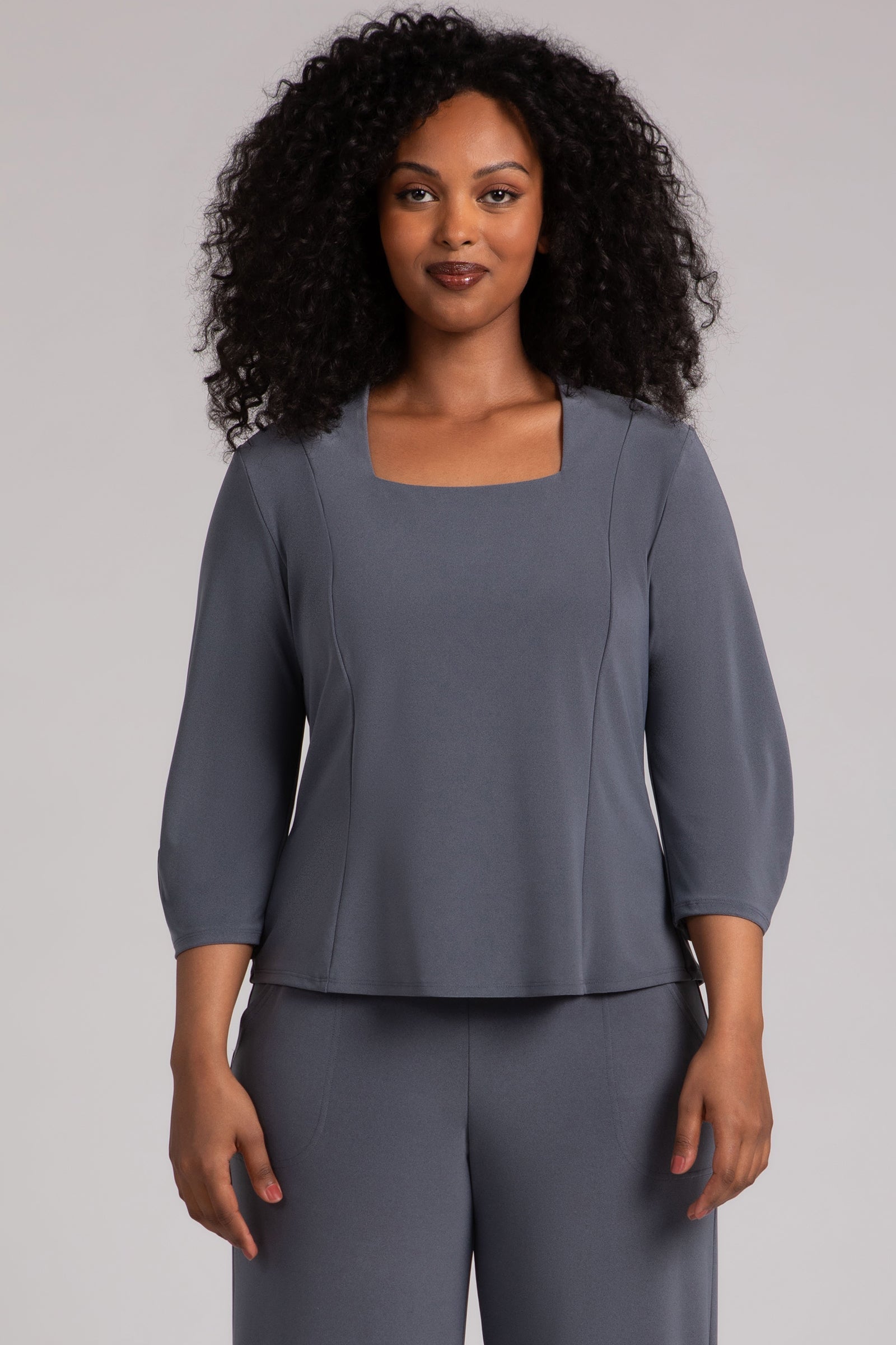 Fit N Flare Lantern Top in Melange Gunmetal - Women's Fashion Blouse for Casual Wear, Date Night & Office Outfits