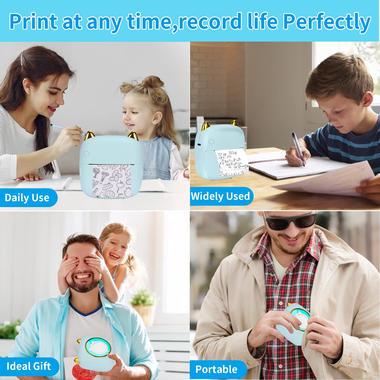 HuiJuKeJi Mini Sticker Printer - Portable Bluetooth Thermal Printer for iOS & Android with RGB Light, 10 Rolls Thermal Paper & Sticker - Perfect for Photo Journaling, Notes, Memos & Receipt Printing at Home, Office or Travel