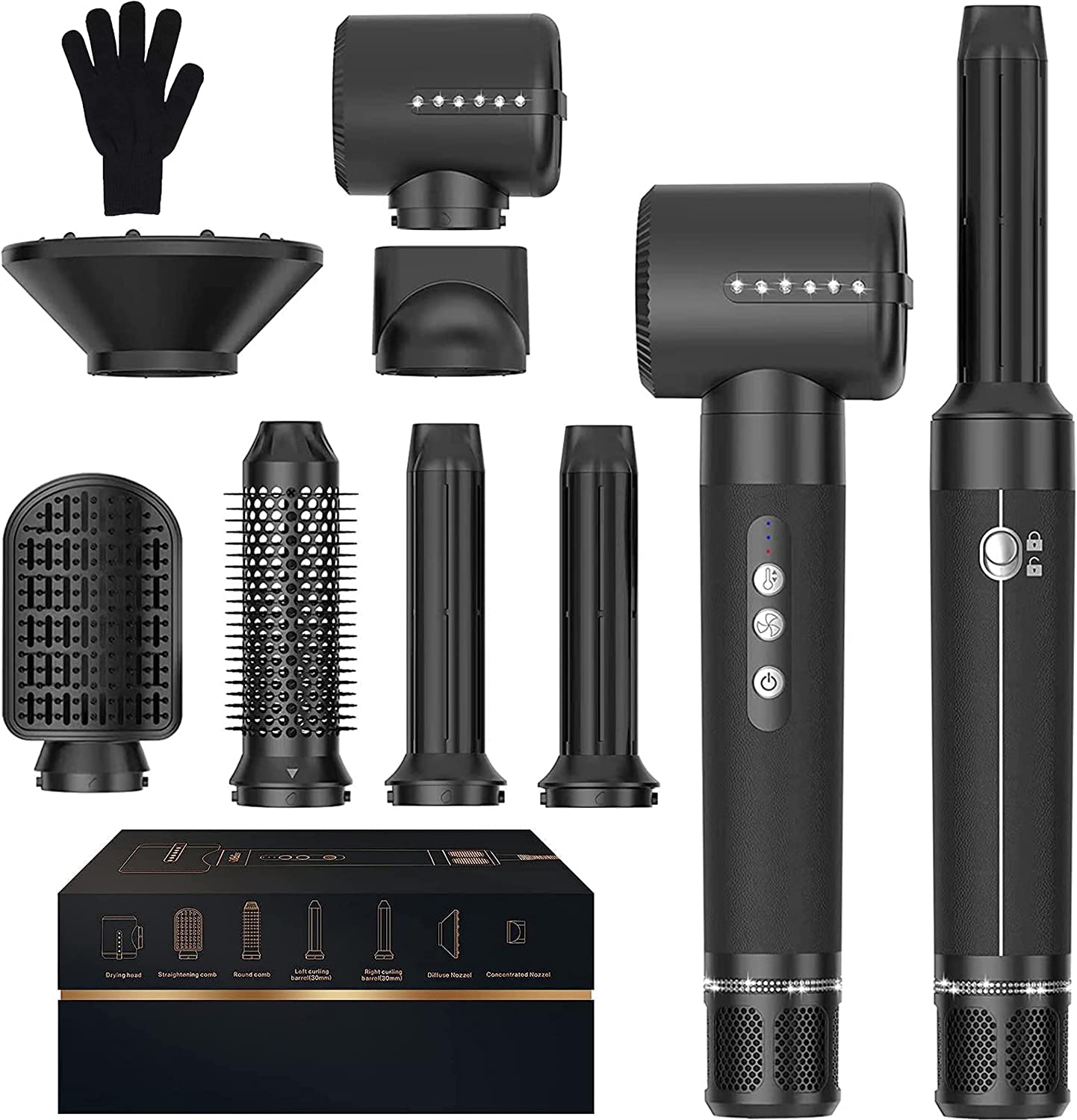 UKLISS Diamond Hair Dryer Brush - 7-in-1 Air Styler with 110,000 RPM High Speed Motor | Professional Blow Dryer, Volumizing Brush, Diffuser, Straightener & Curling Wand for Salon-Quality Styling at Home | Perfect for Daily Use, Travel & Special Occasions