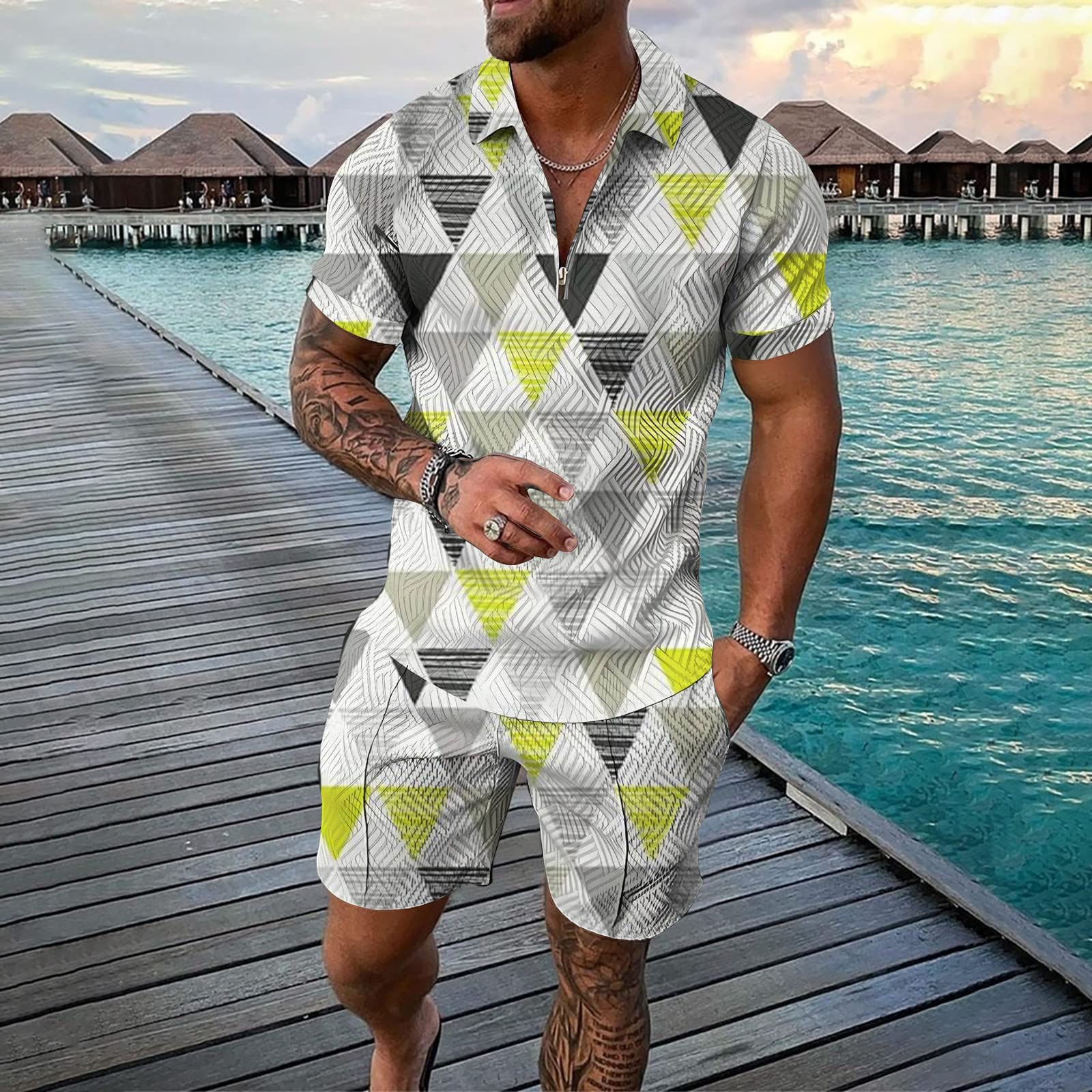 Men's Summer Polo Track Suit Set - 2 Piece Casual Short Sleeve Gym Outfit with Crewneck T-Shirt & Sports Shorts | Perfect for Workouts, Running & Casual Wear | Clearance Sale