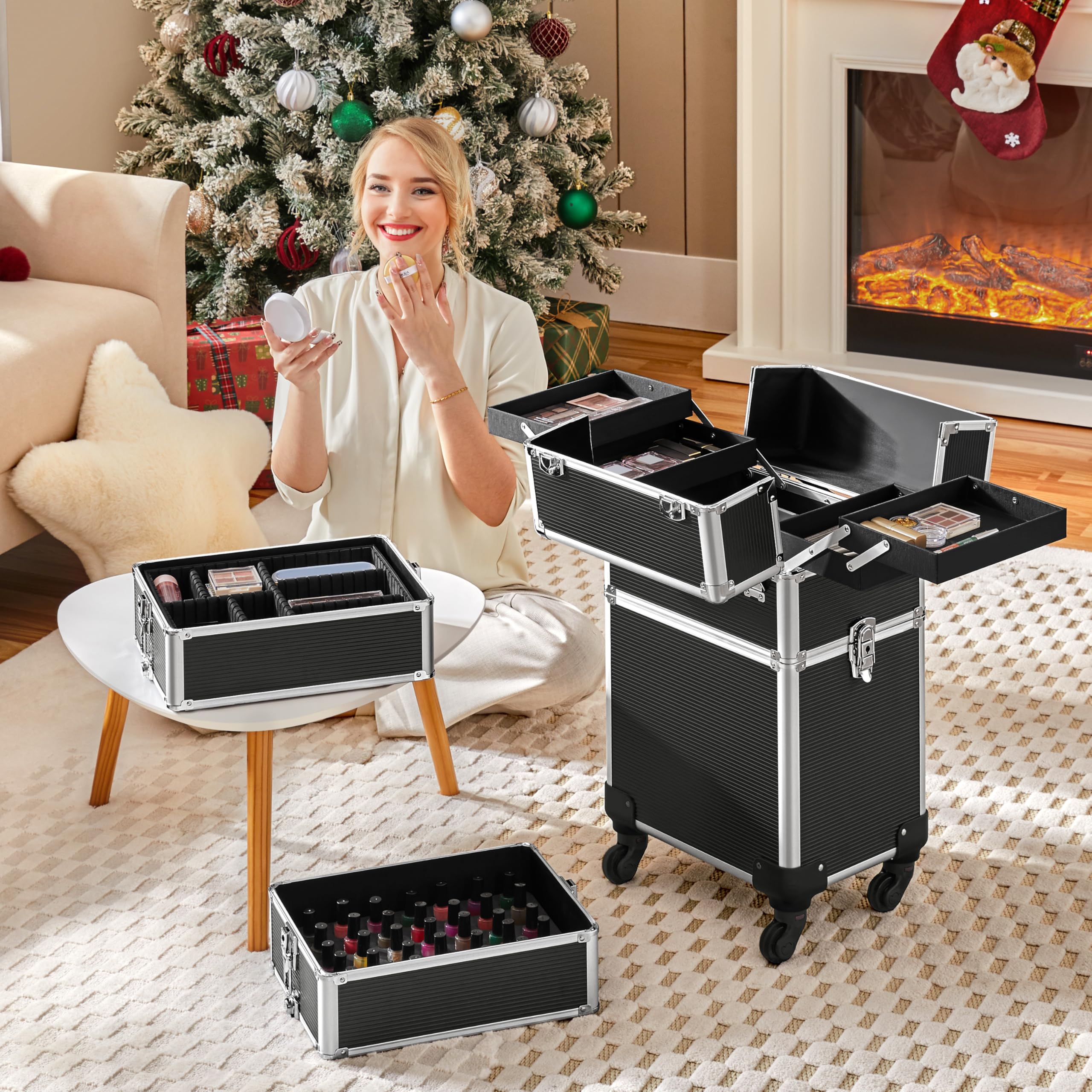 Yaheetech 5-in-1 Professional Makeup Train Case - Rolling Cosmetic Organizer with Wheels, Aluminum Beauty Travel Storage Case for Salon & Home Use (Black) | Perfect for Makeup Artists, Cosmetologists & Travel Beauty Essentials