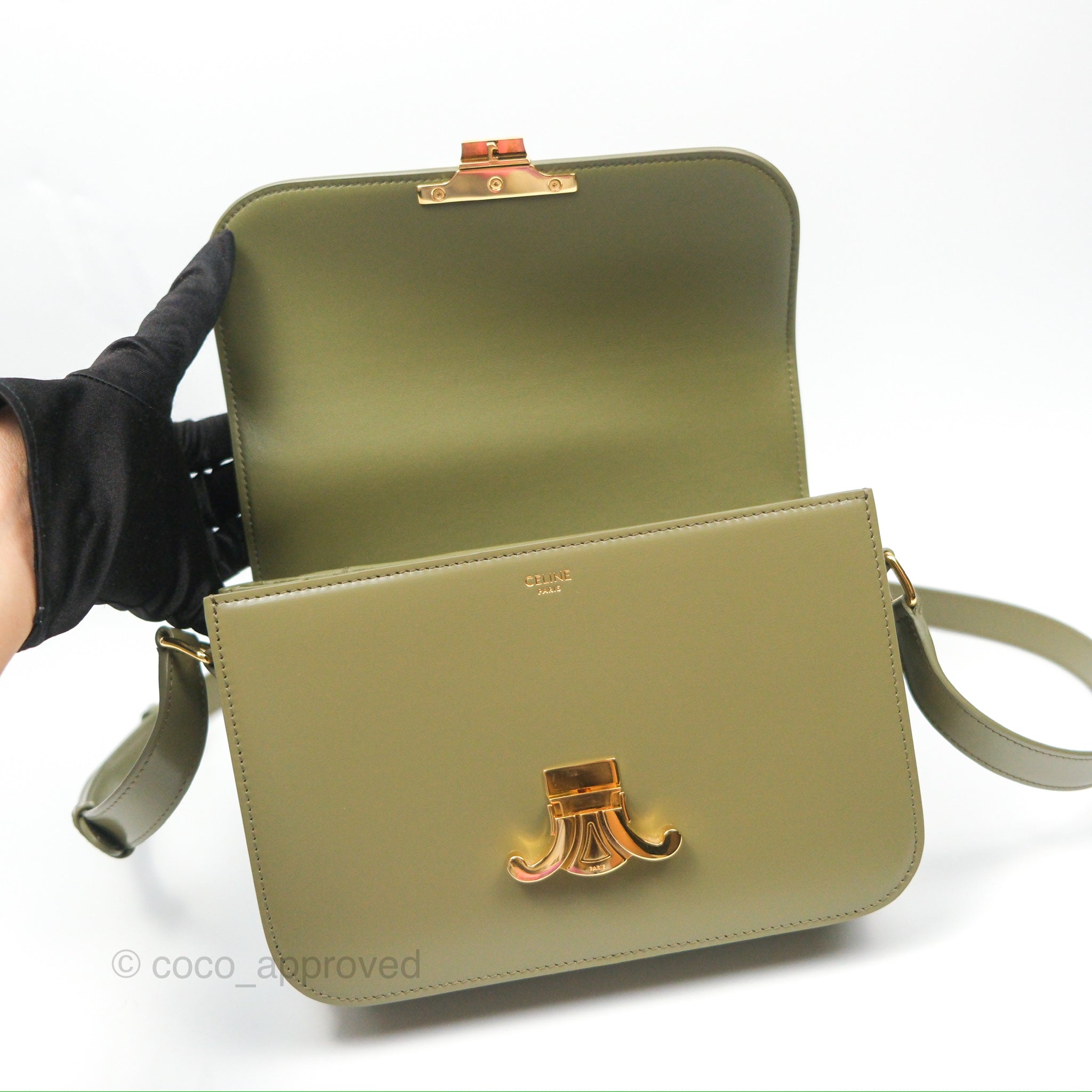 Celine Medium Triomphe Bag in Soft Khaki Shiny Calfskin Leather - Luxury Handbag for Women, Perfect for Work, Travel & Everyday Use
