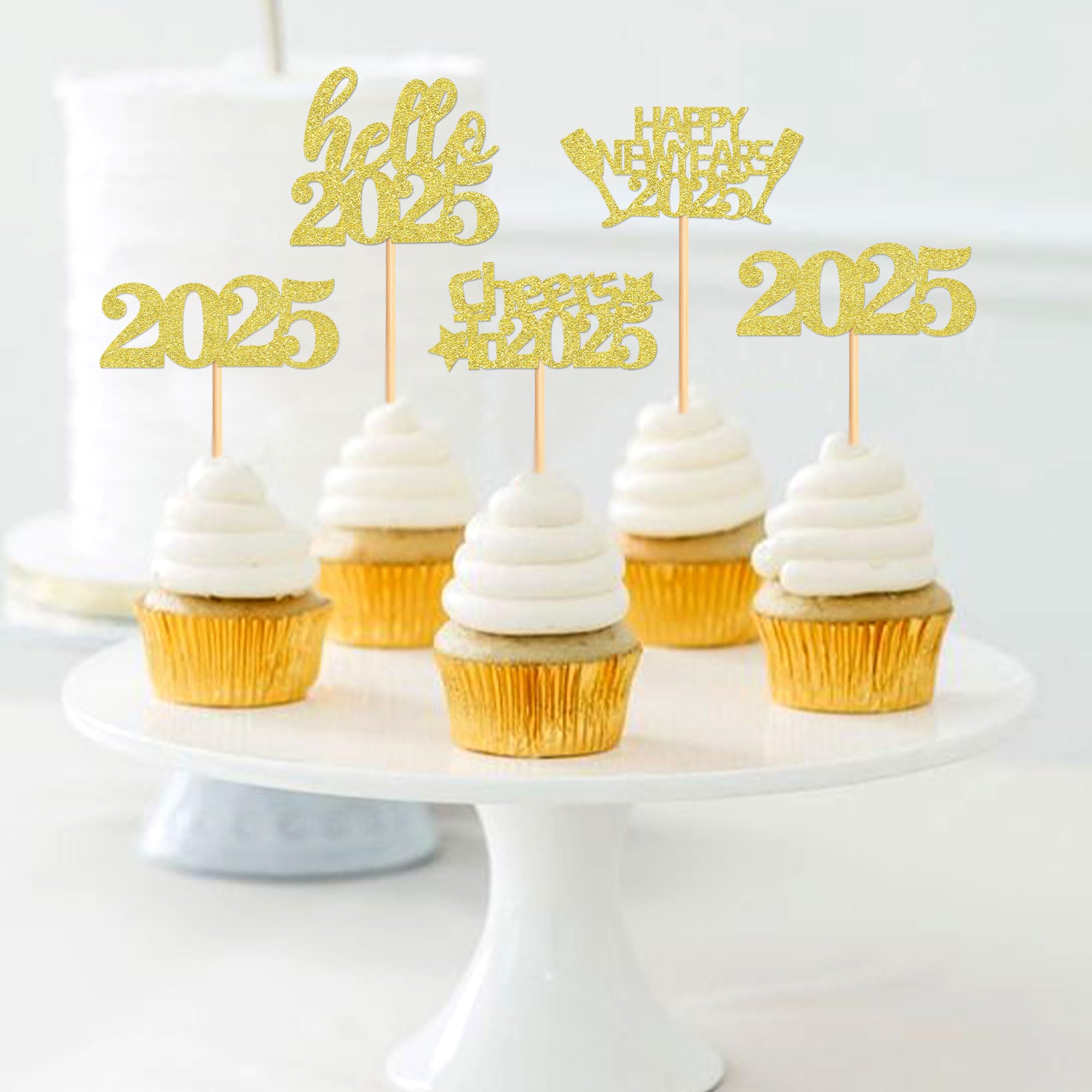 40 Pcs Gold Glitter New Year Cupcake Toppers 2025 - Cheers to 2025 Cake Picks for New Year's Eve Party Decorations - Perfect for Birthday, Wedding & Holiday Celebrations