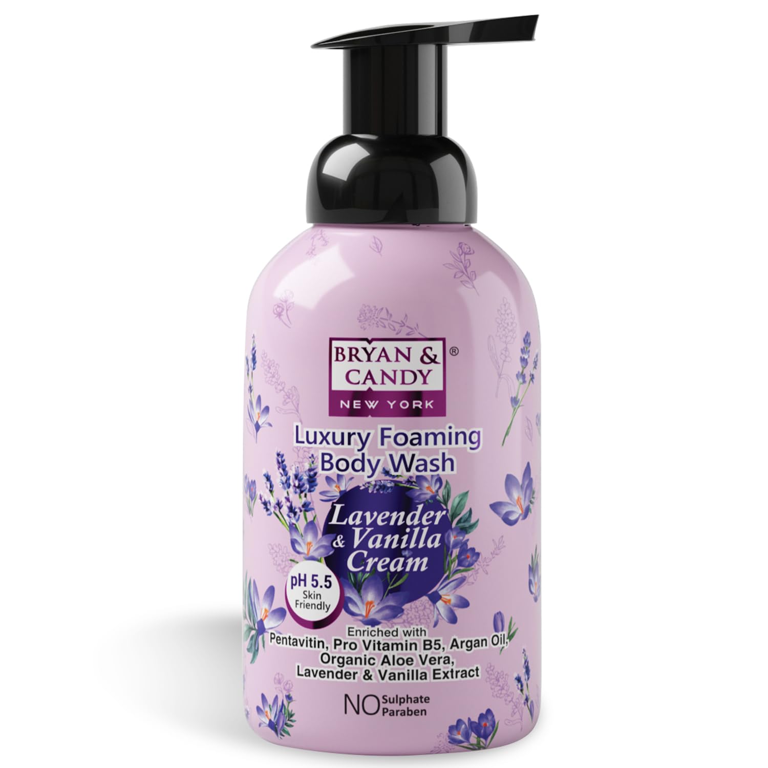 BRYAN & CANDY Lavender & Vanilla Cream Luxury Foaming Body Wash - Hydrating Formula with Pentavitin, Vitamin B5 & Argan Oil - pH 5.5 for All Skin Types - 13.5 fl oz - Perfect for Relaxing Baths & Spa Nights